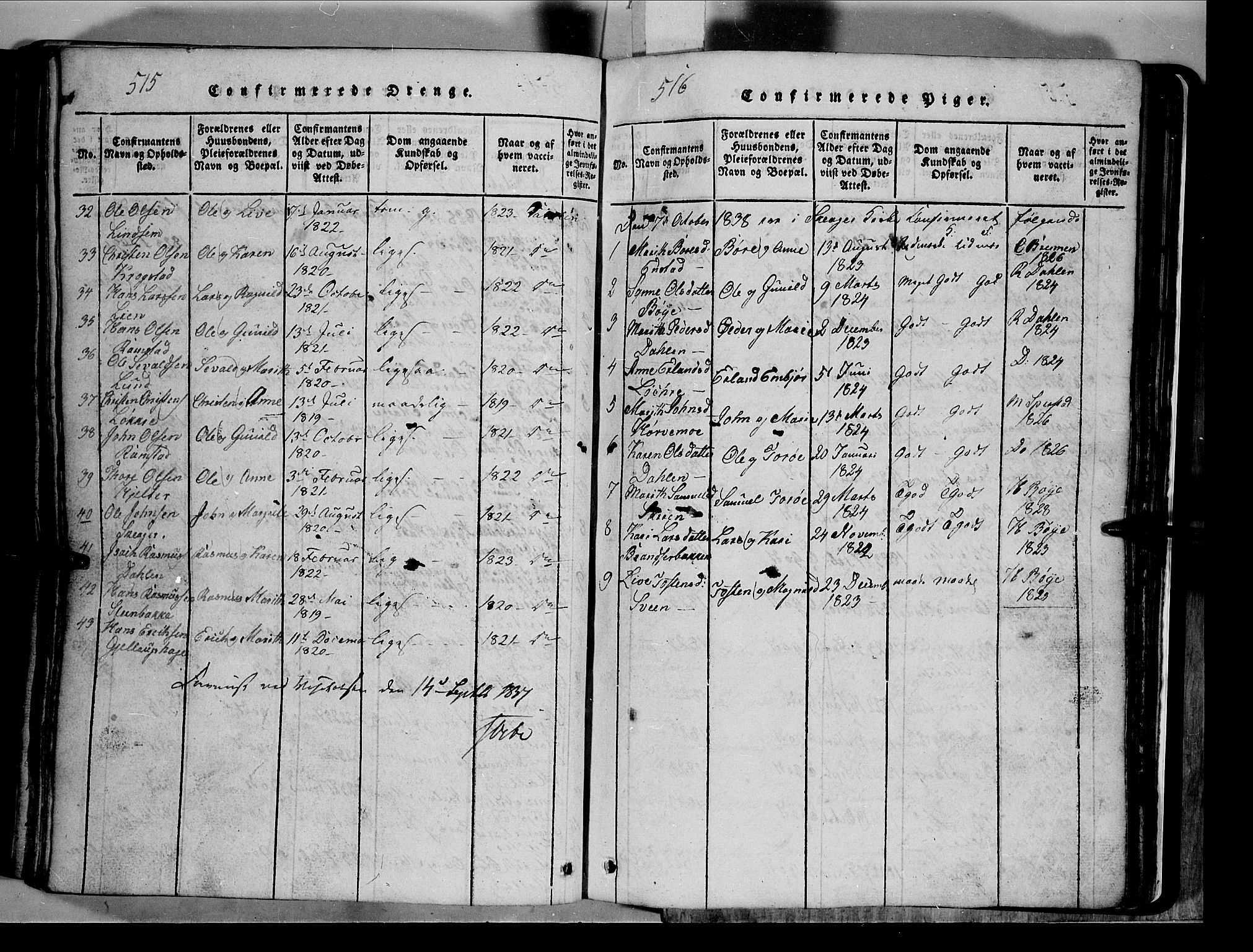 Lom prestekontor, SAH/PREST-070/L/L0003: Parish register (copy) no. 3, 1815-1844, p. 515-516