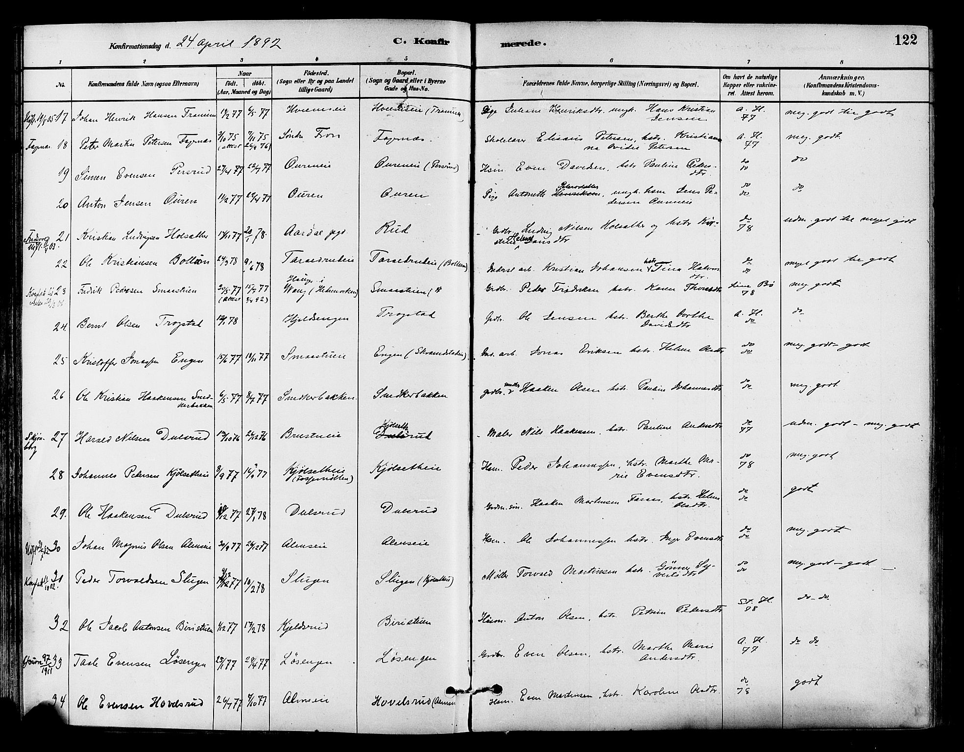 Østre Toten prestekontor, AV/SAH-PREST-104/H/Ha/Haa/L0007: Parish register (official) no. 7, 1881-1896, p. 122