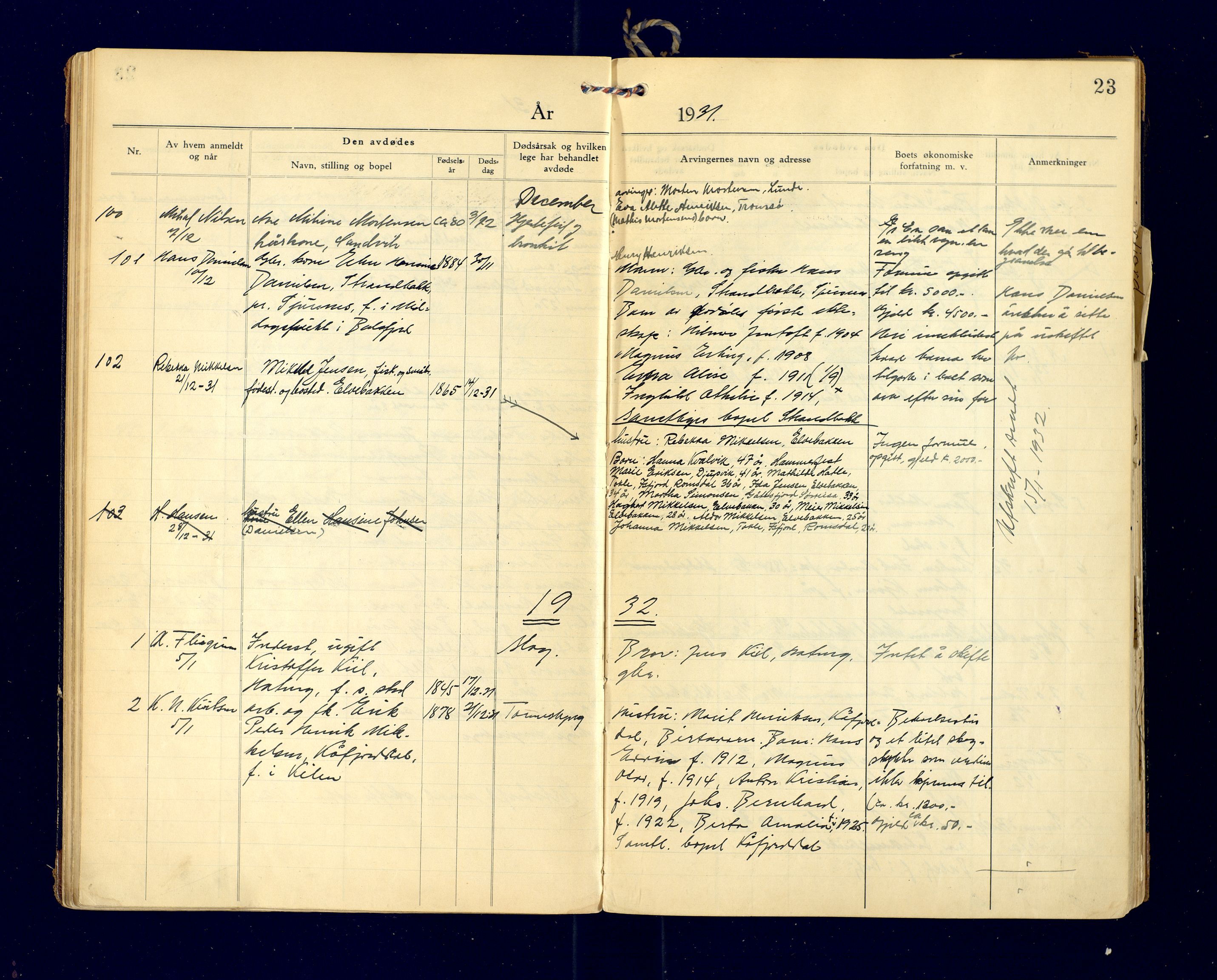 Lyngen lensmannskontor, AV/SATØ-SATO-99/F/Fg/Fga/L0086: Dødsfallsprotokoll for Lyngen lensmannsdistrikt, 1929-1935, p. 23