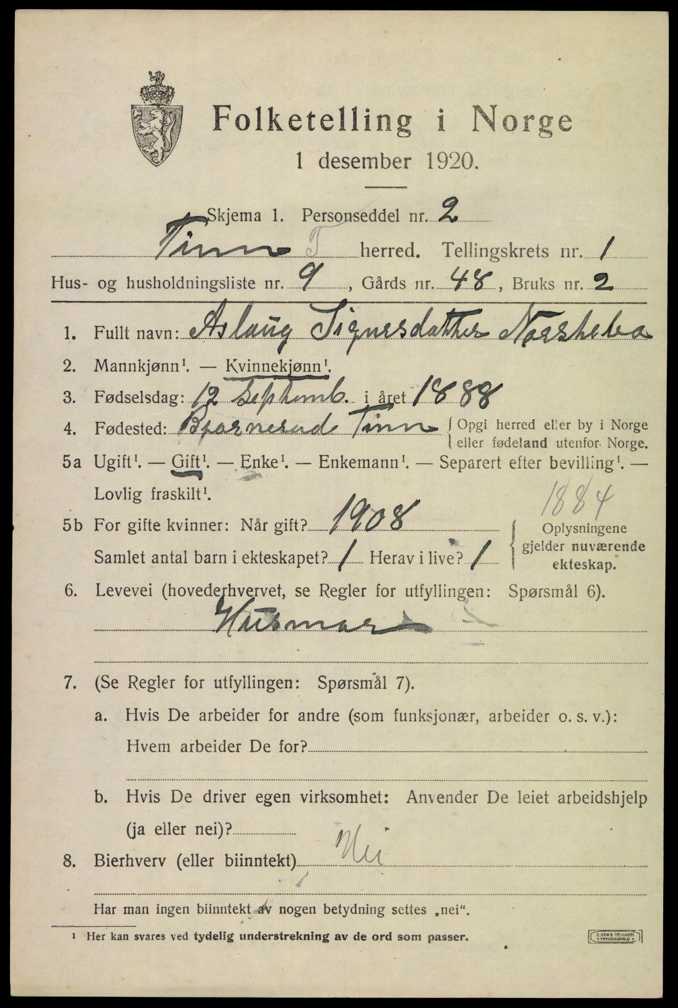 SAKO, 1920 census for Tinn, 1920, p. 2788