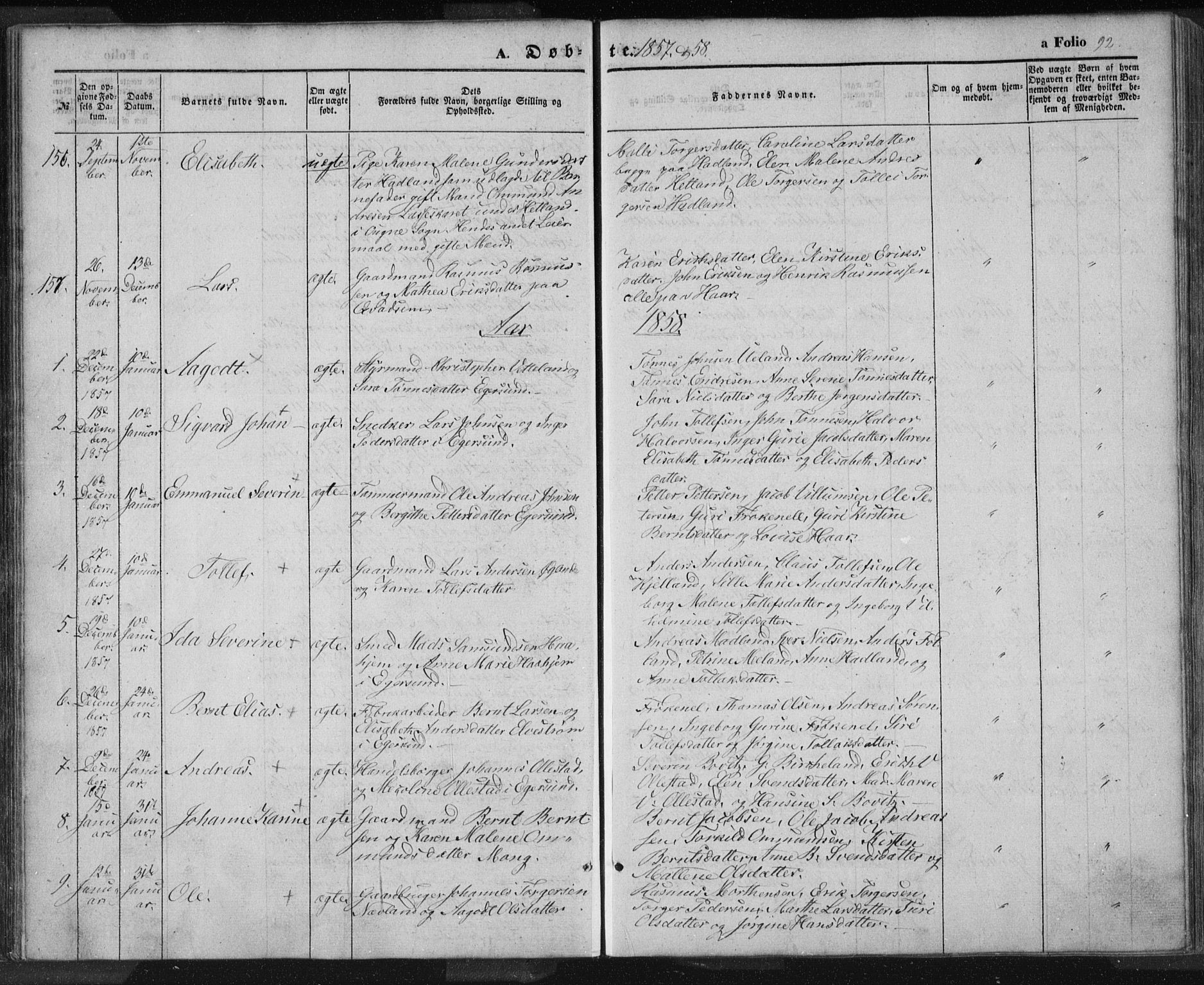 Eigersund sokneprestkontor, SAST/A-101807/S08/L0012: Parish register (official) no. A 12.1, 1850-1865, p. 92