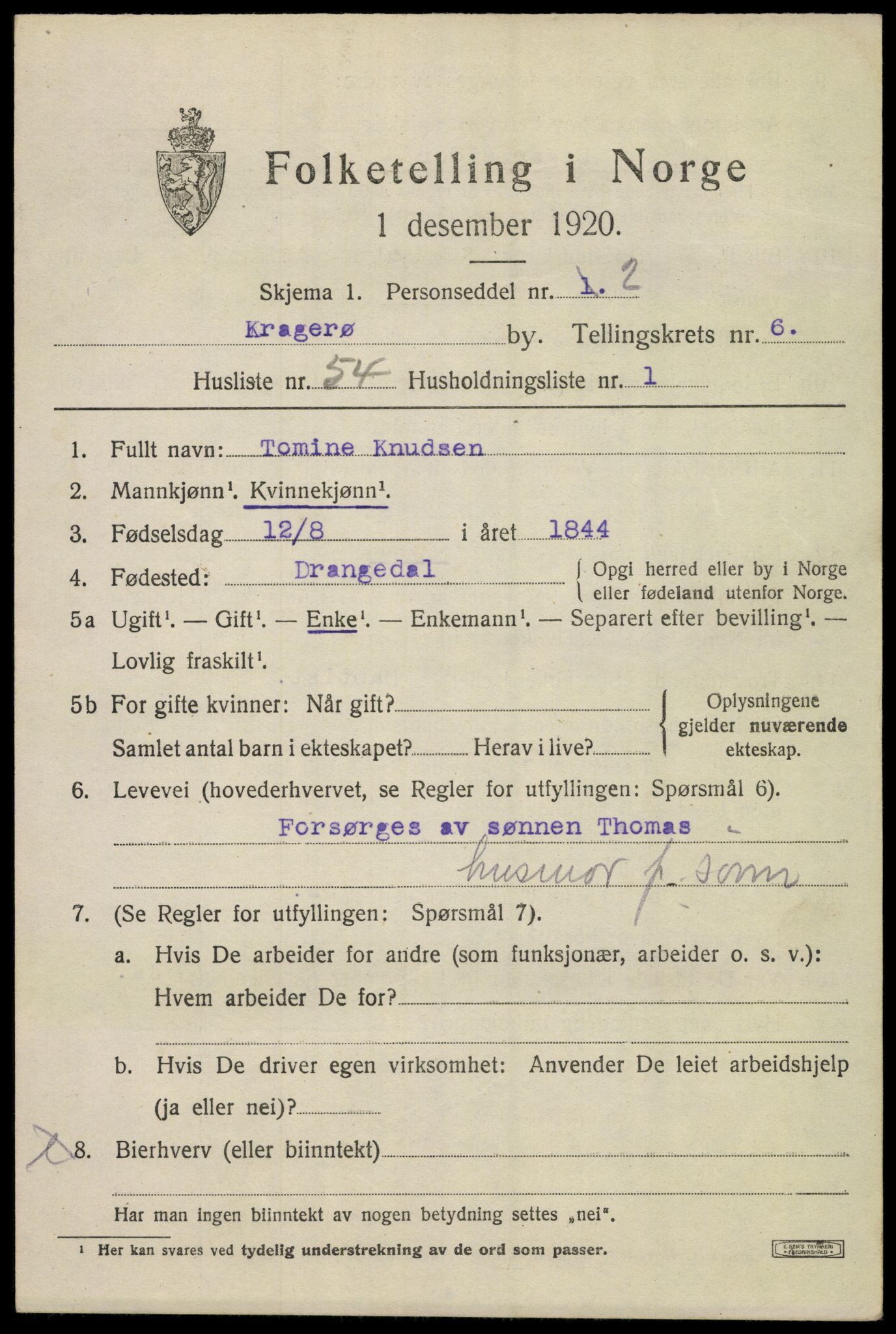 SAKO, 1920 census for Kragerø, 1920, p. 9691