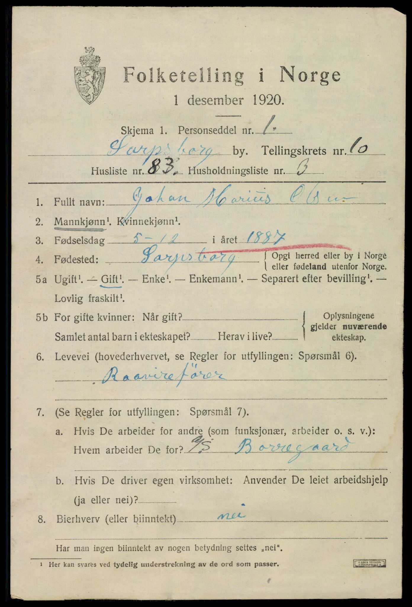 SAO, 1920 census for Sarpsborg, 1920, p. 22352