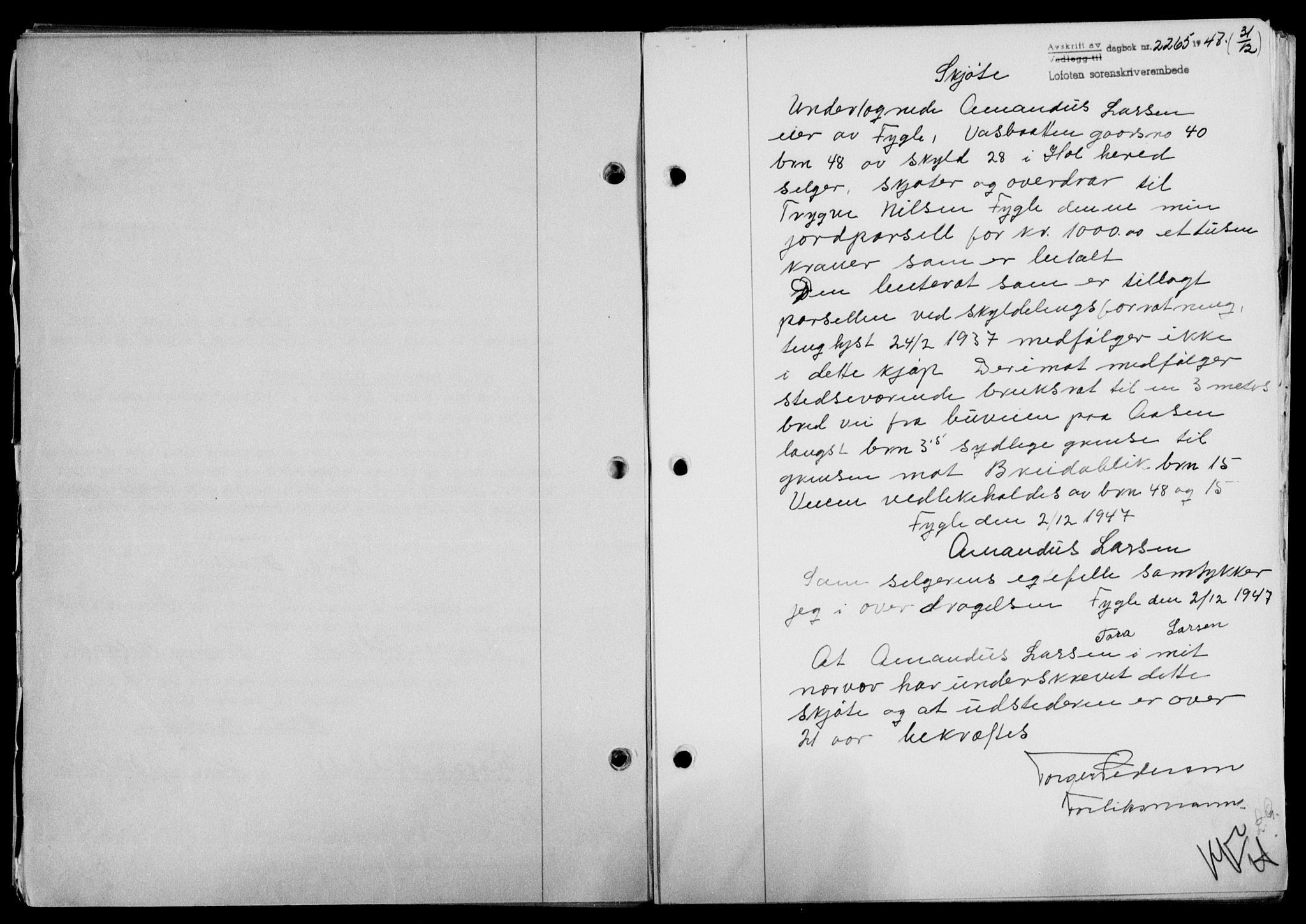 Lofoten sorenskriveri, SAT/A-0017/1/2/2C/L0017a: Mortgage book no. 17a, 1947-1948, Diary no: : 2265/1947