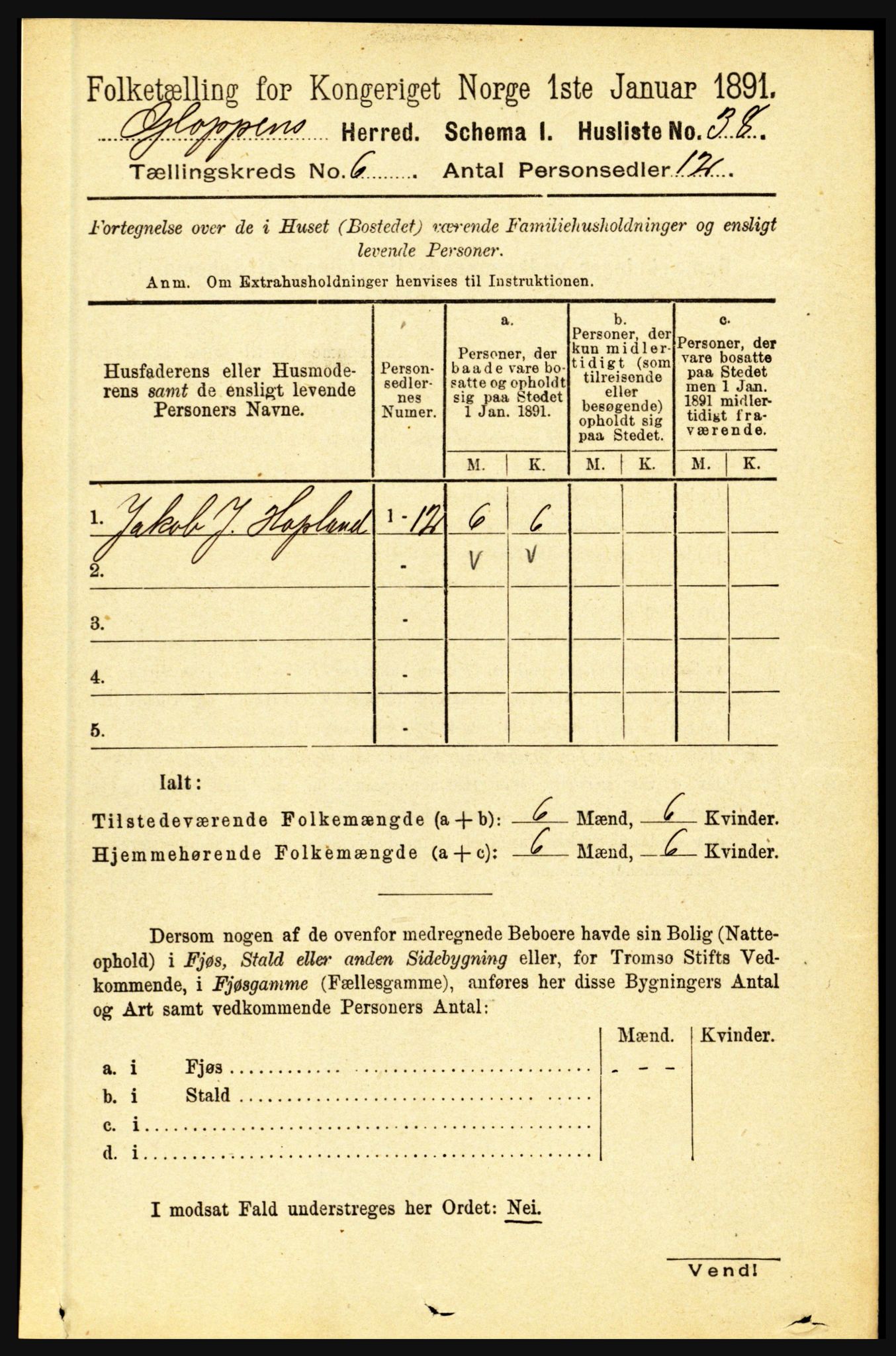 RA, 1891 census for 1445 Gloppen, 1891, p. 2249