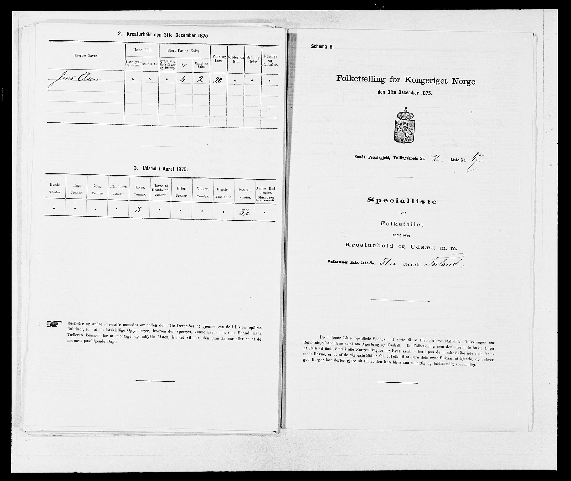 SAB, 1875 census for 1245P Sund, 1875, p. 224