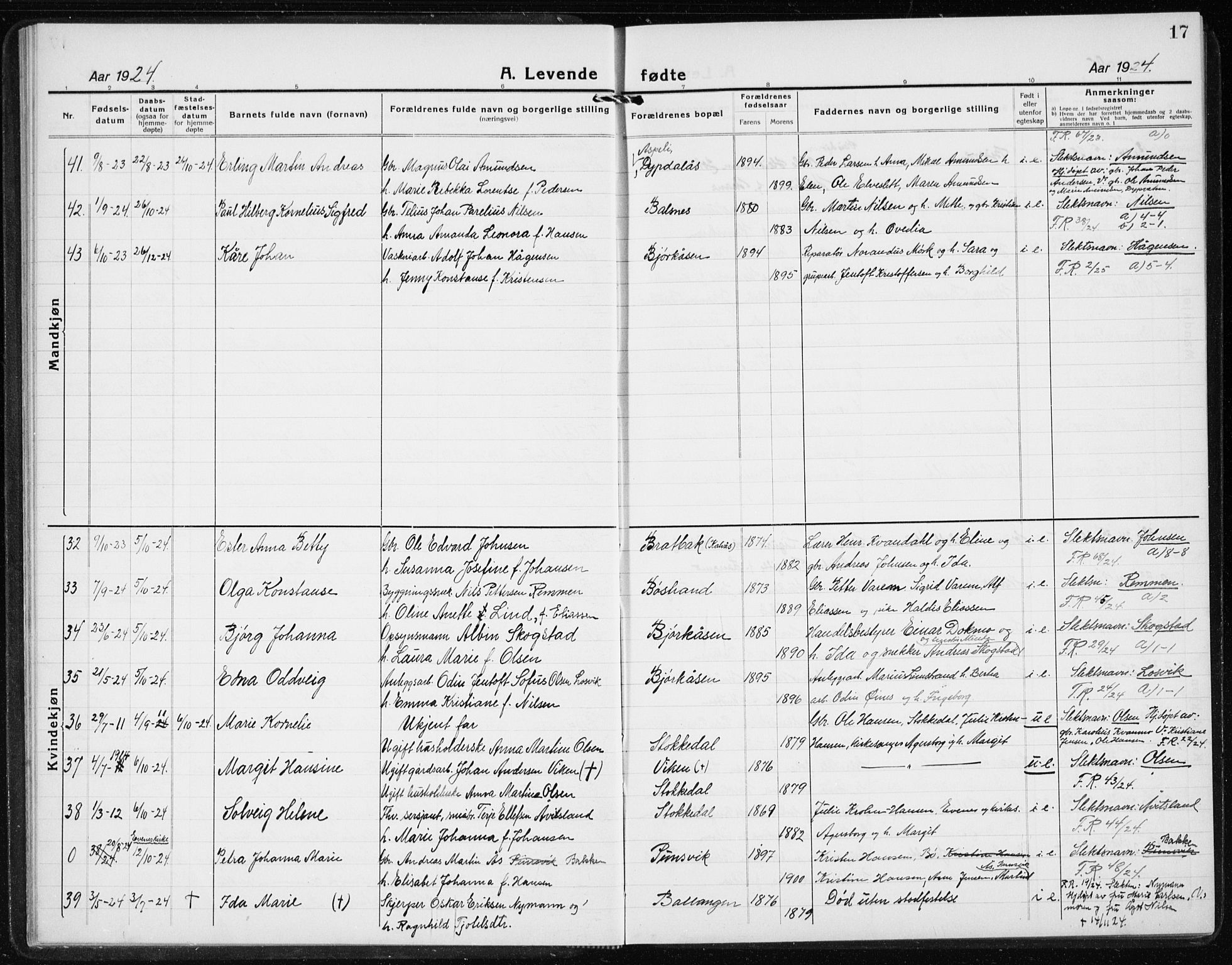 Ministerialprotokoller, klokkerbøker og fødselsregistre - Nordland, SAT/A-1459/869/L0975: Parish register (copy) no. 869C01, 1923-1939, p. 17