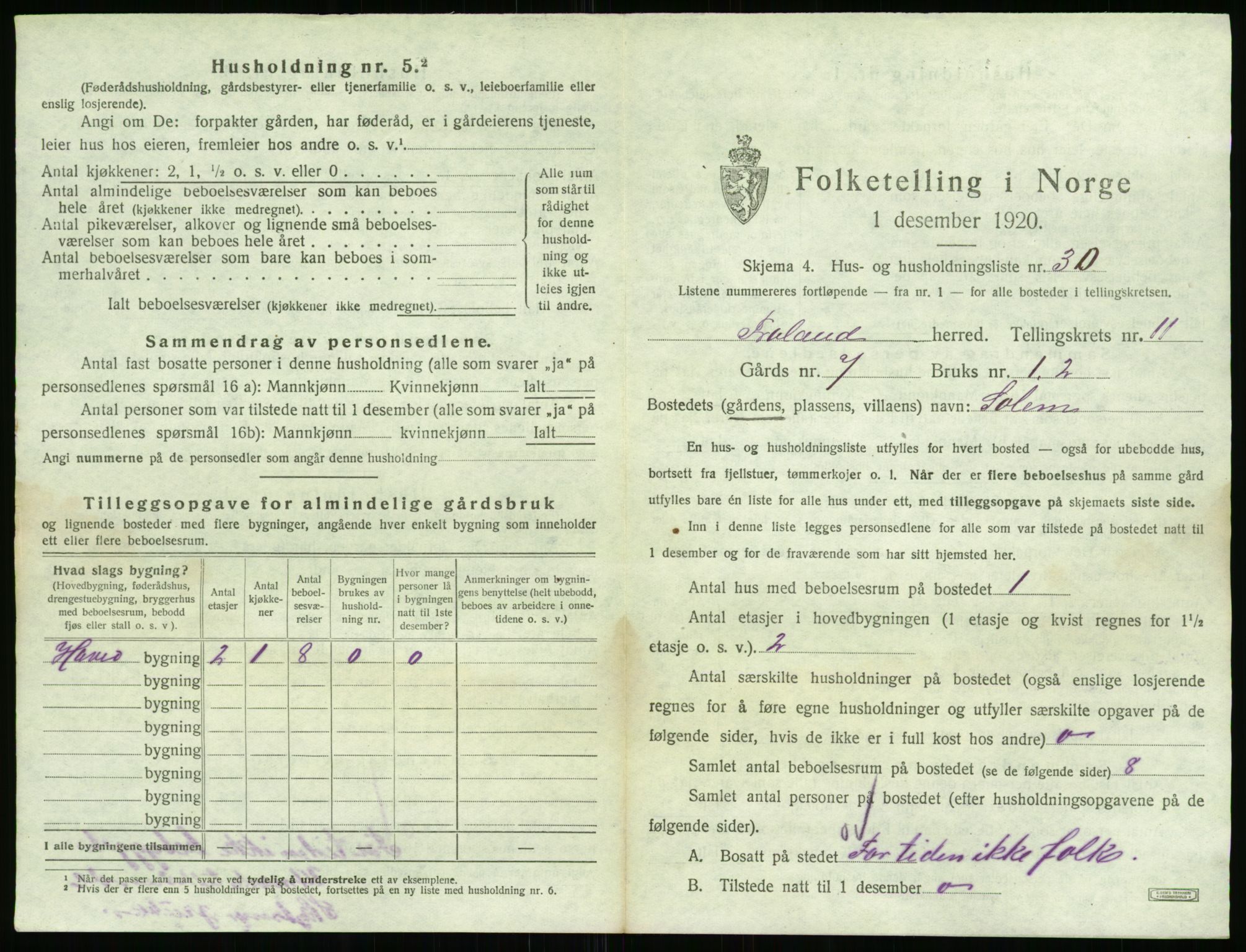 SAK, 1920 census for Froland, 1920, p. 959