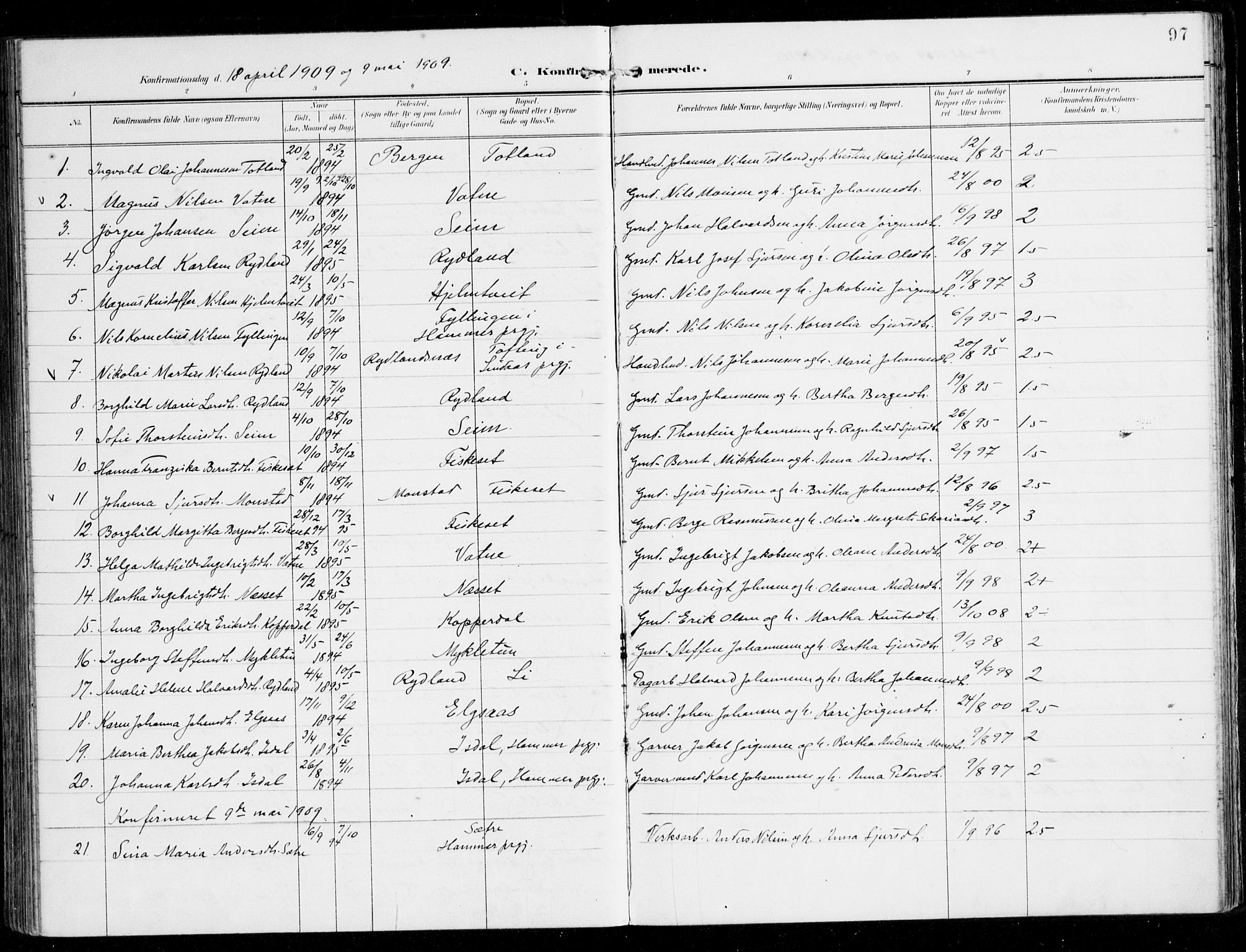 Alversund Sokneprestembete, AV/SAB-A-73901/H/Ha/Haa/Haad/L0004: Parish register (official) no. D 4, 1898-1926, p. 97