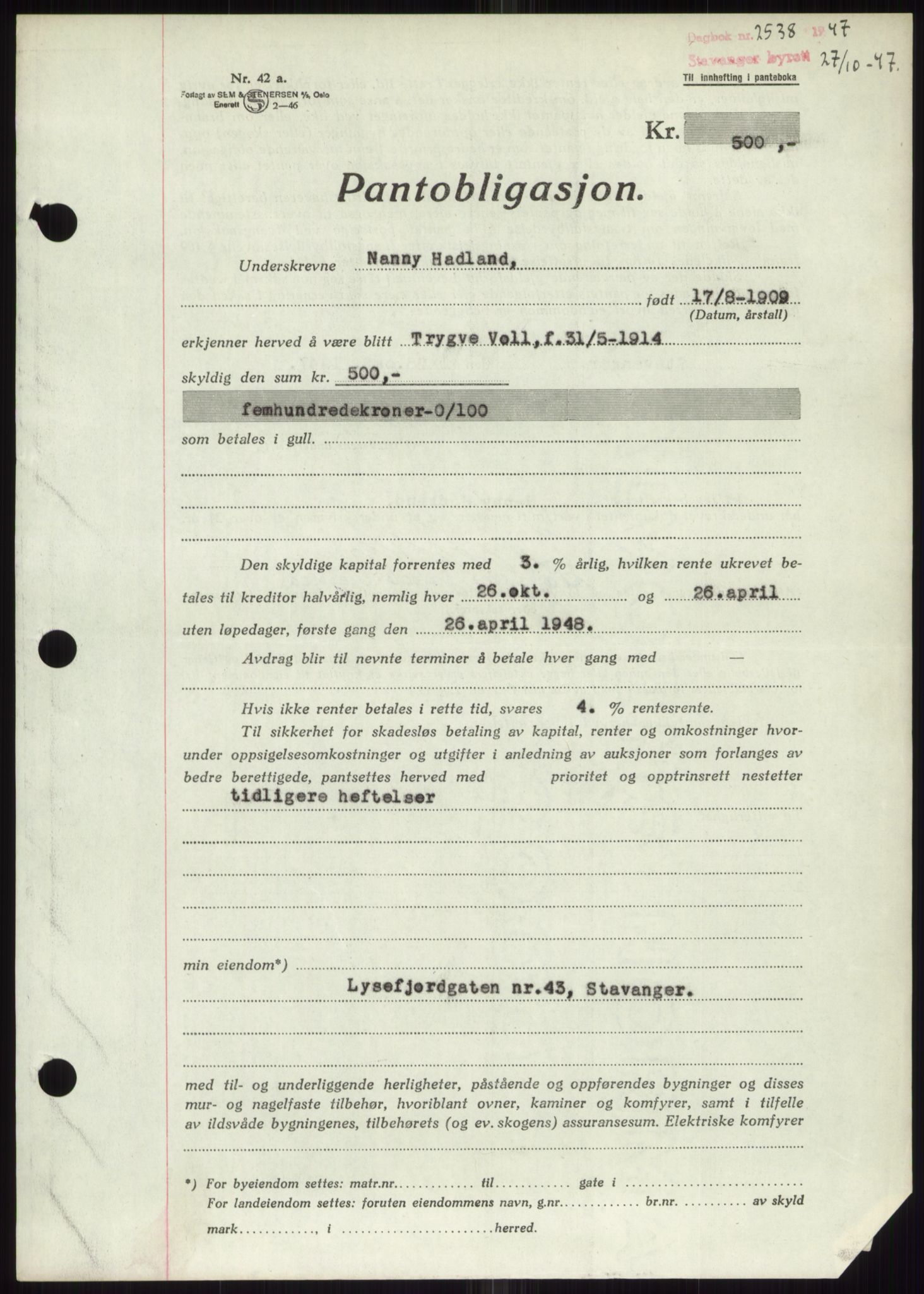 Stavanger byrett, SAST/A-100455/002/G/Gb/L0032: Mortgage book, 1947-1950, Diary no: : 2538/1947