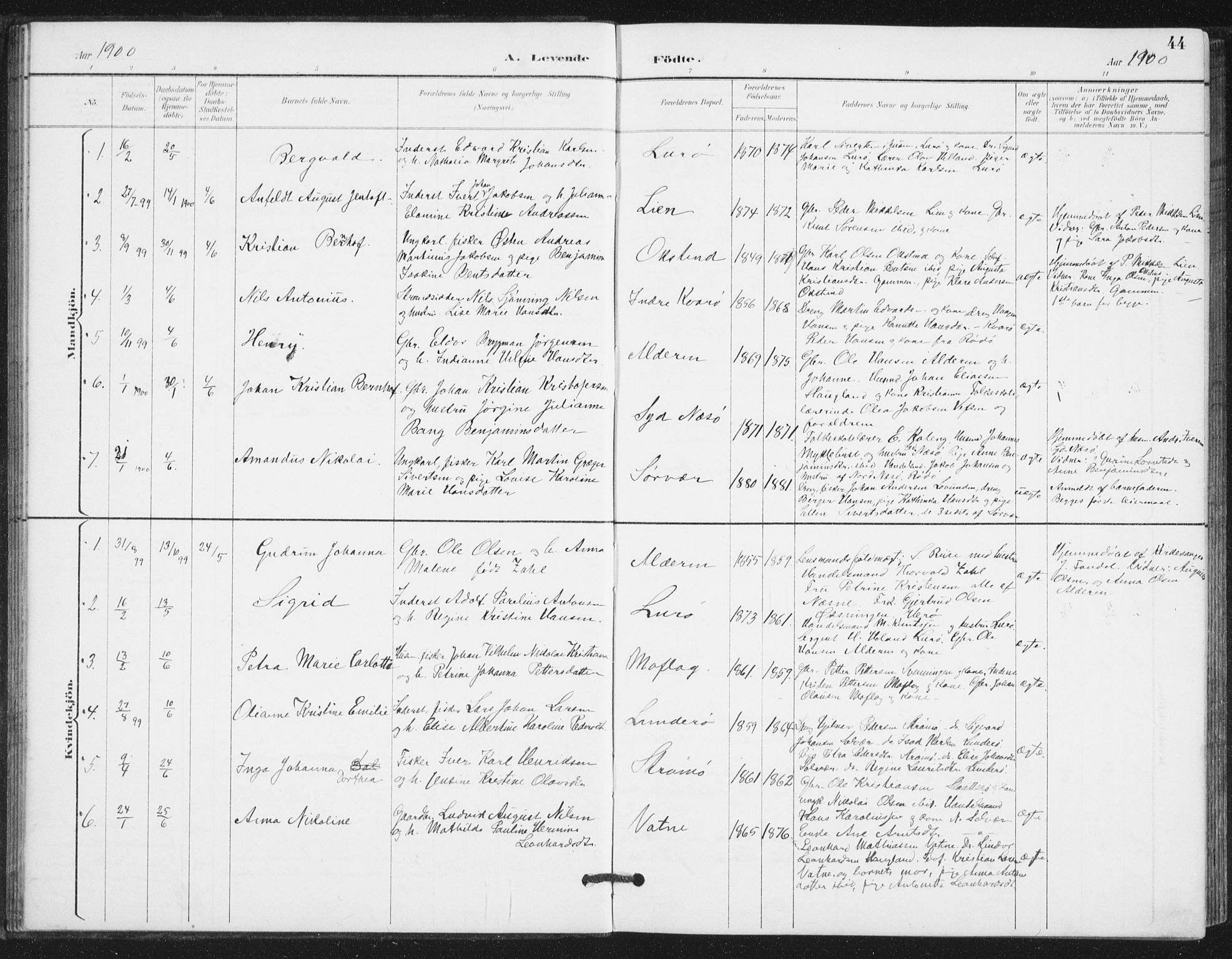 Ministerialprotokoller, klokkerbøker og fødselsregistre - Nordland, AV/SAT-A-1459/839/L0573: Parish register (copy) no. 839C03, 1892-1917, p. 44