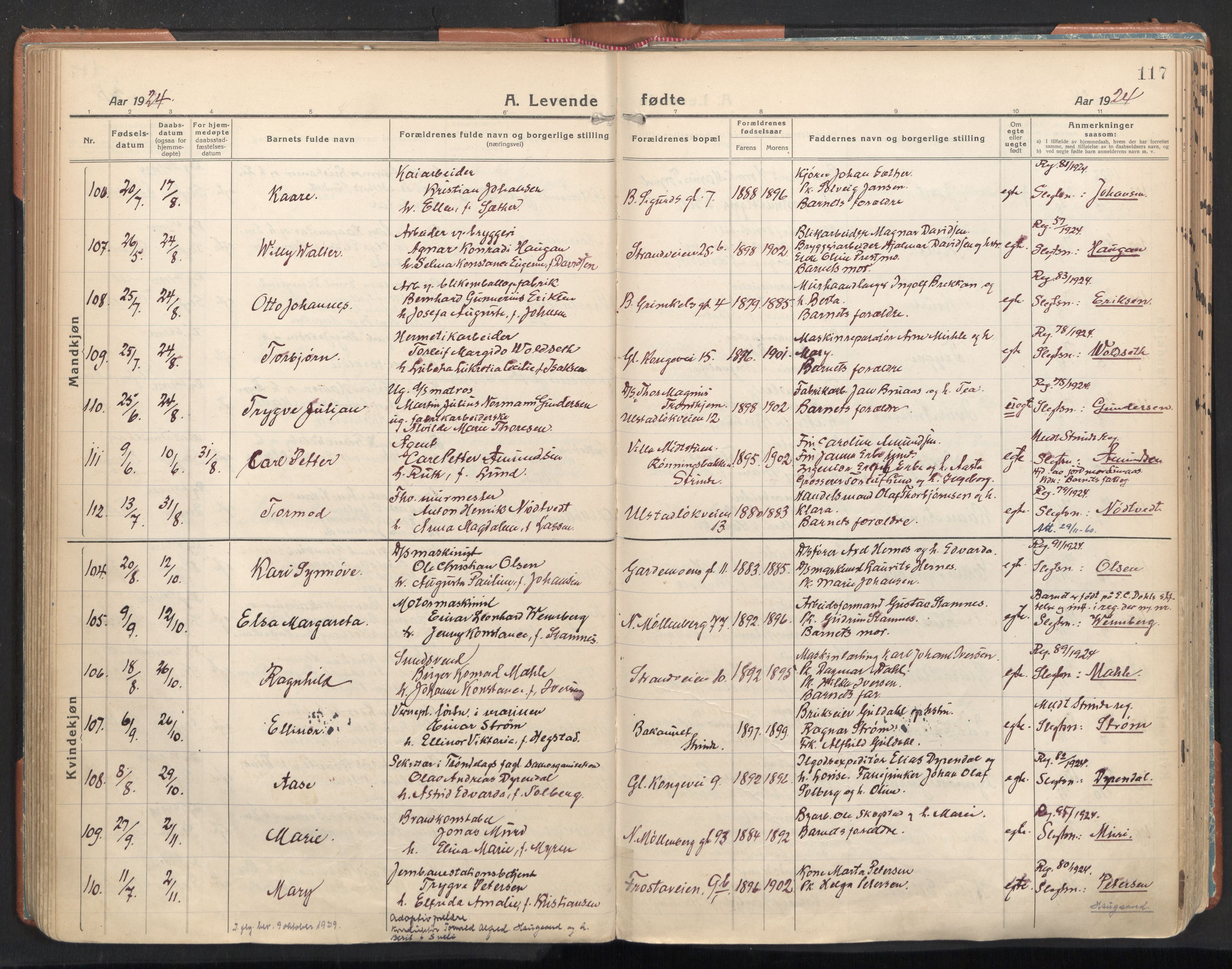Ministerialprotokoller, klokkerbøker og fødselsregistre - Sør-Trøndelag, SAT/A-1456/605/L0248: Parish register (official) no. 605A10, 1920-1937, p. 117