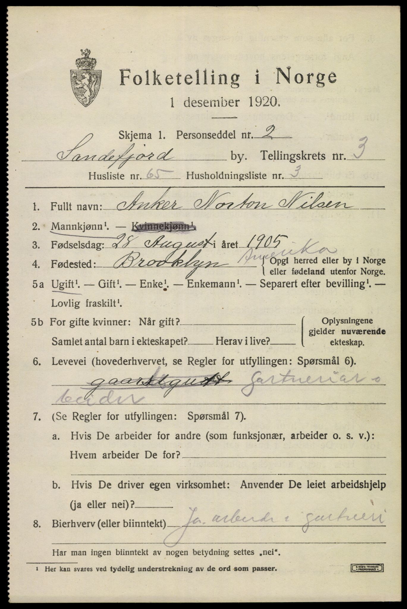 SAKO, 1920 census for Sandefjord, 1920, p. 7390