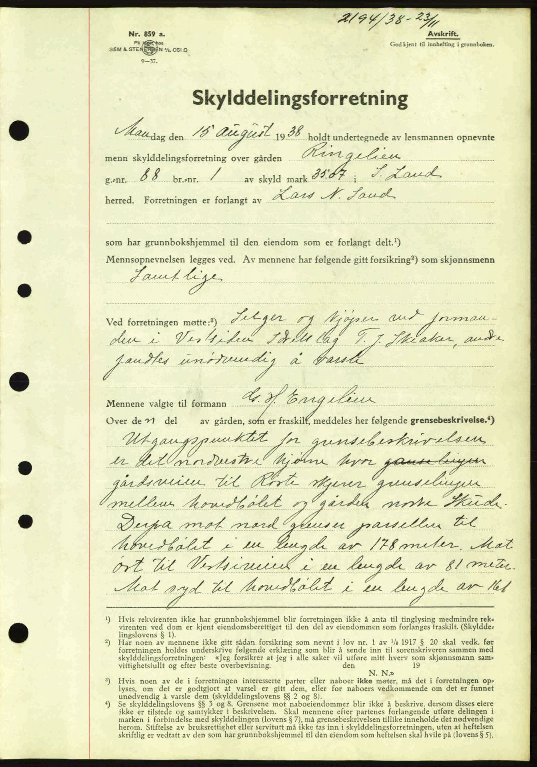 Hadeland og Land tingrett, AV/SAH-TING-010/H/Hb/Hbb/L0077: Mortgage book no. A77, 1938-1939, Diary no: : 2194/1938