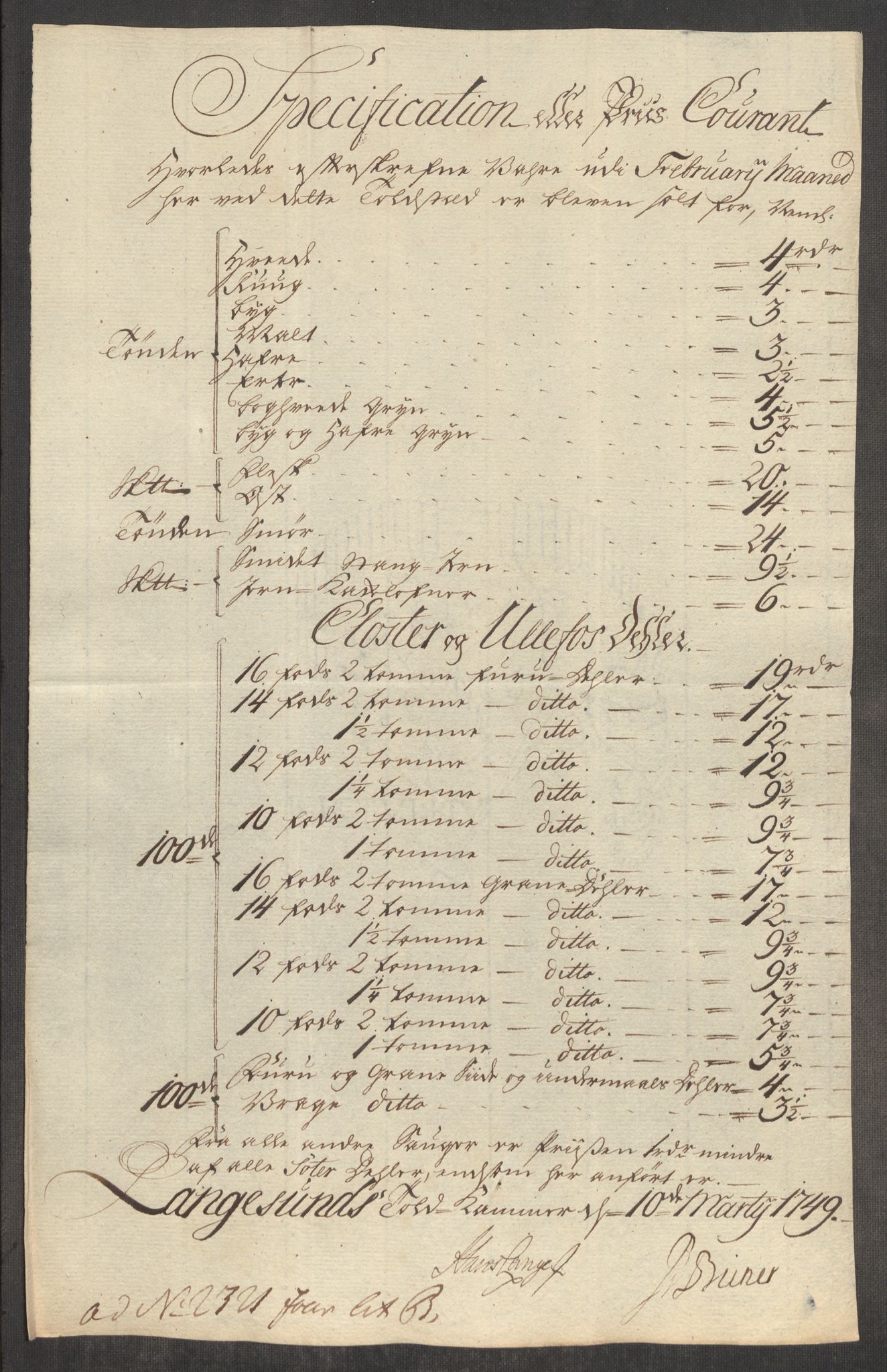 Rentekammeret inntil 1814, Realistisk ordnet avdeling, RA/EA-4070/Oe/L0004: [Ø1]: Priskuranter, 1749-1752, p. 106