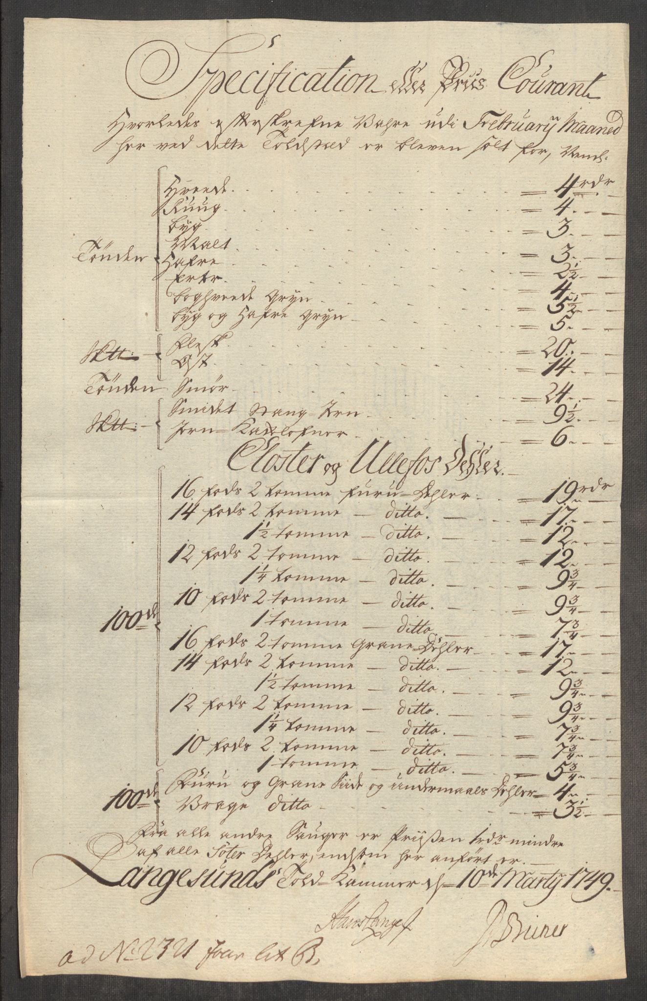 Rentekammeret inntil 1814, Realistisk ordnet avdeling, AV/RA-EA-4070/Oe/L0004: [Ø1]: Priskuranter, 1749-1752, p. 106