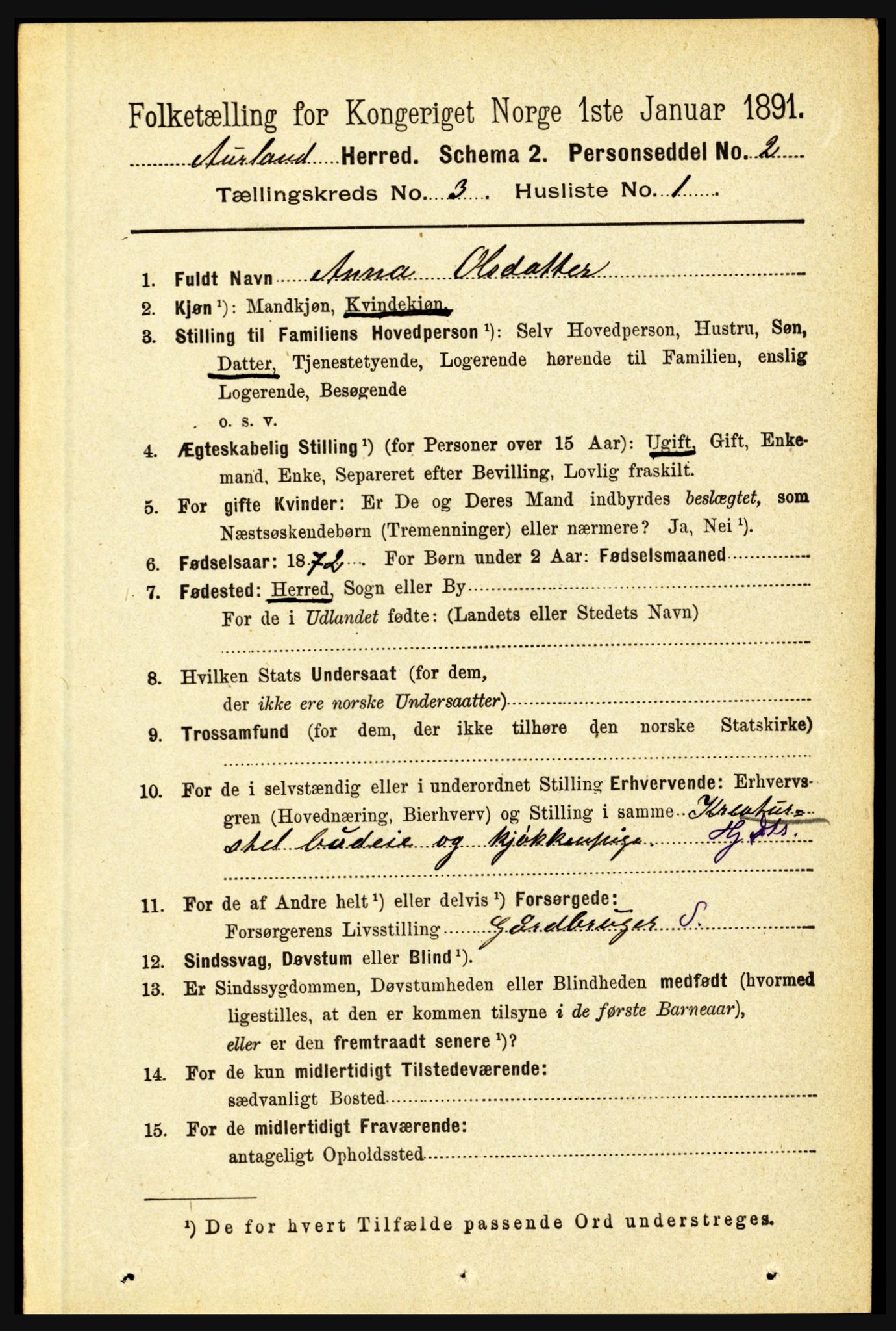 RA, 1891 census for 1421 Aurland, 1891, p. 944