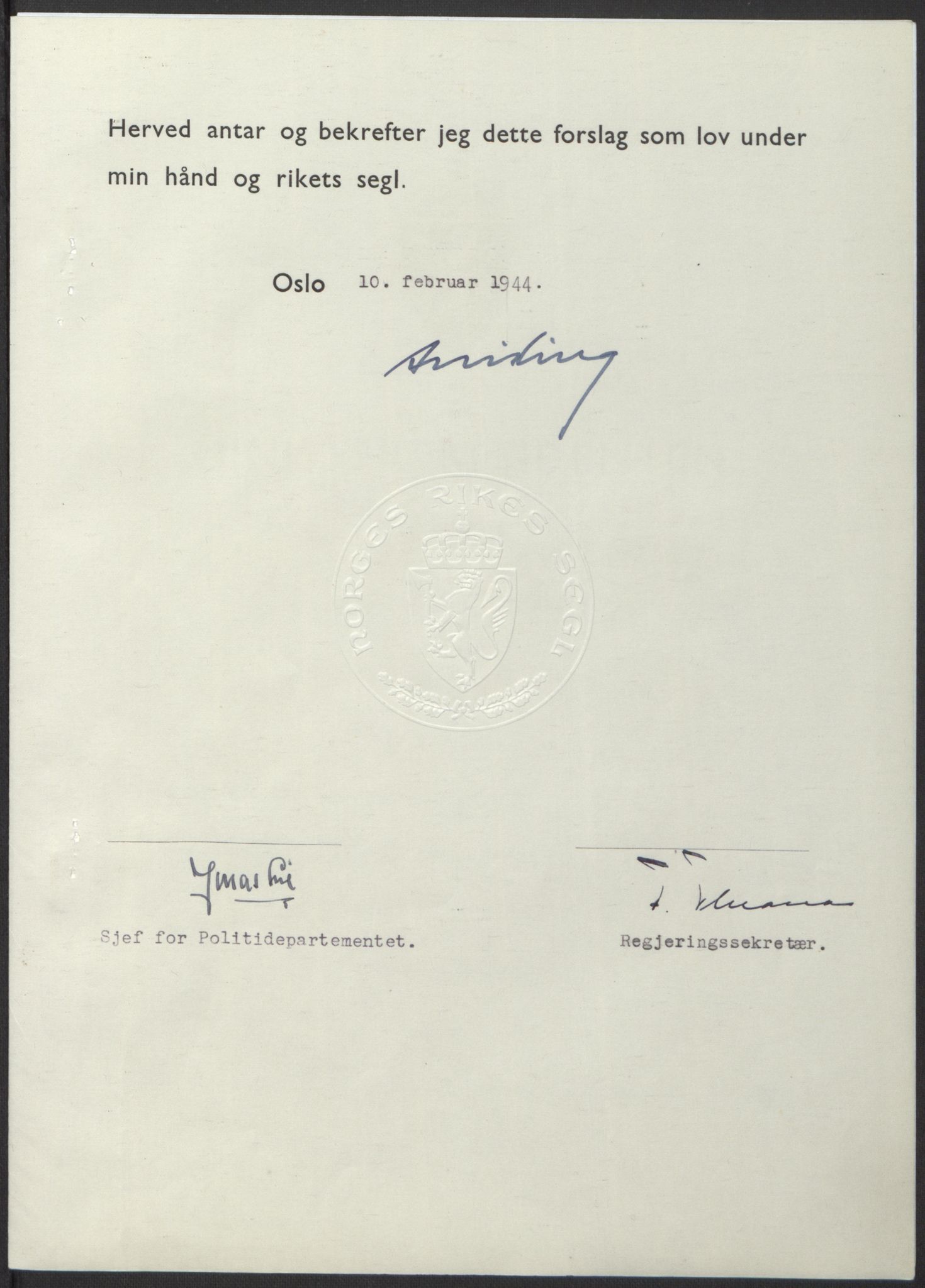 NS-administrasjonen 1940-1945 (Statsrådsekretariatet, de kommisariske statsråder mm), AV/RA-S-4279/D/Db/L0100: Lover, 1944, p. 59