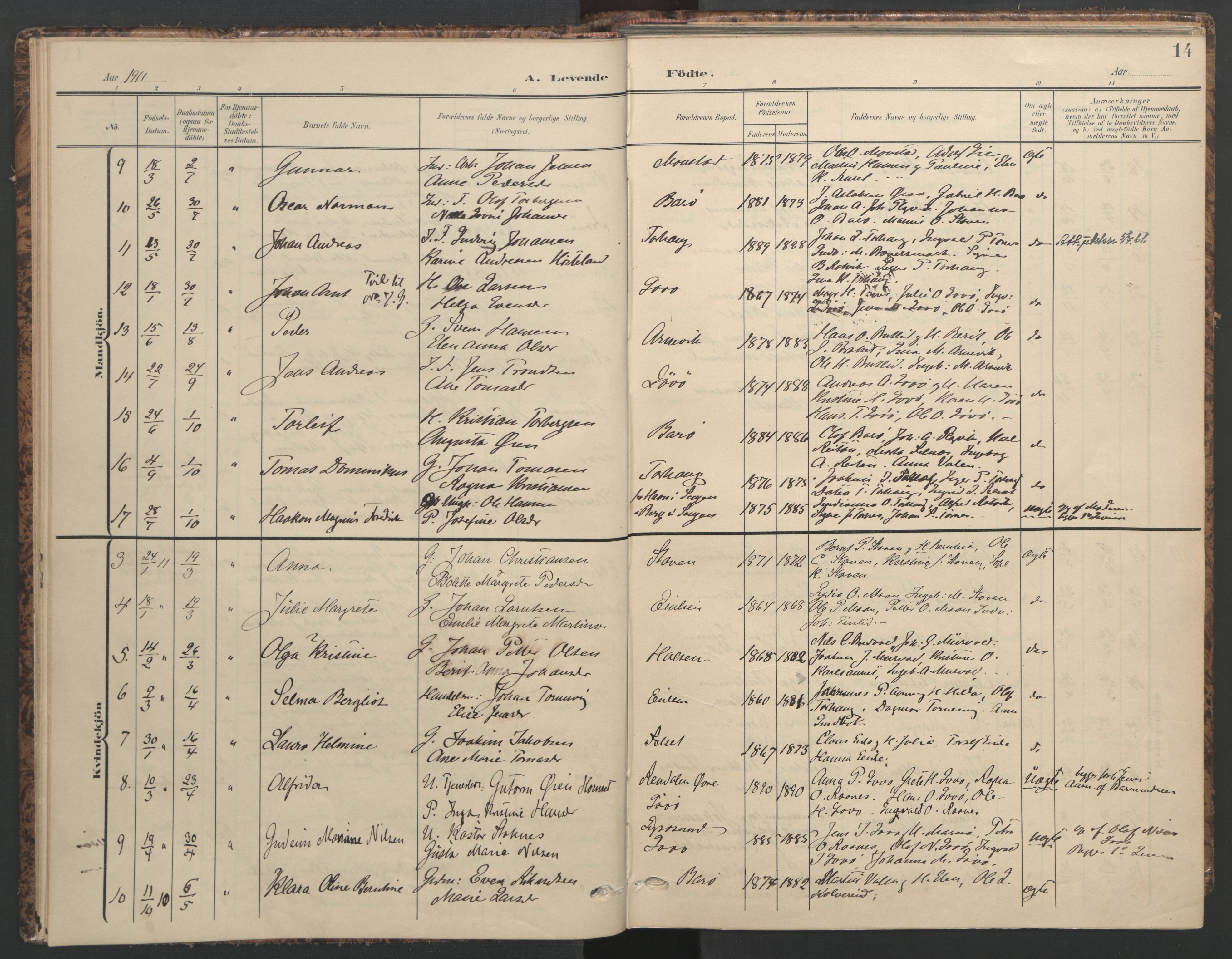 Ministerialprotokoller, klokkerbøker og fødselsregistre - Sør-Trøndelag, SAT/A-1456/655/L0682: Parish register (official) no. 655A11, 1908-1922, p. 14