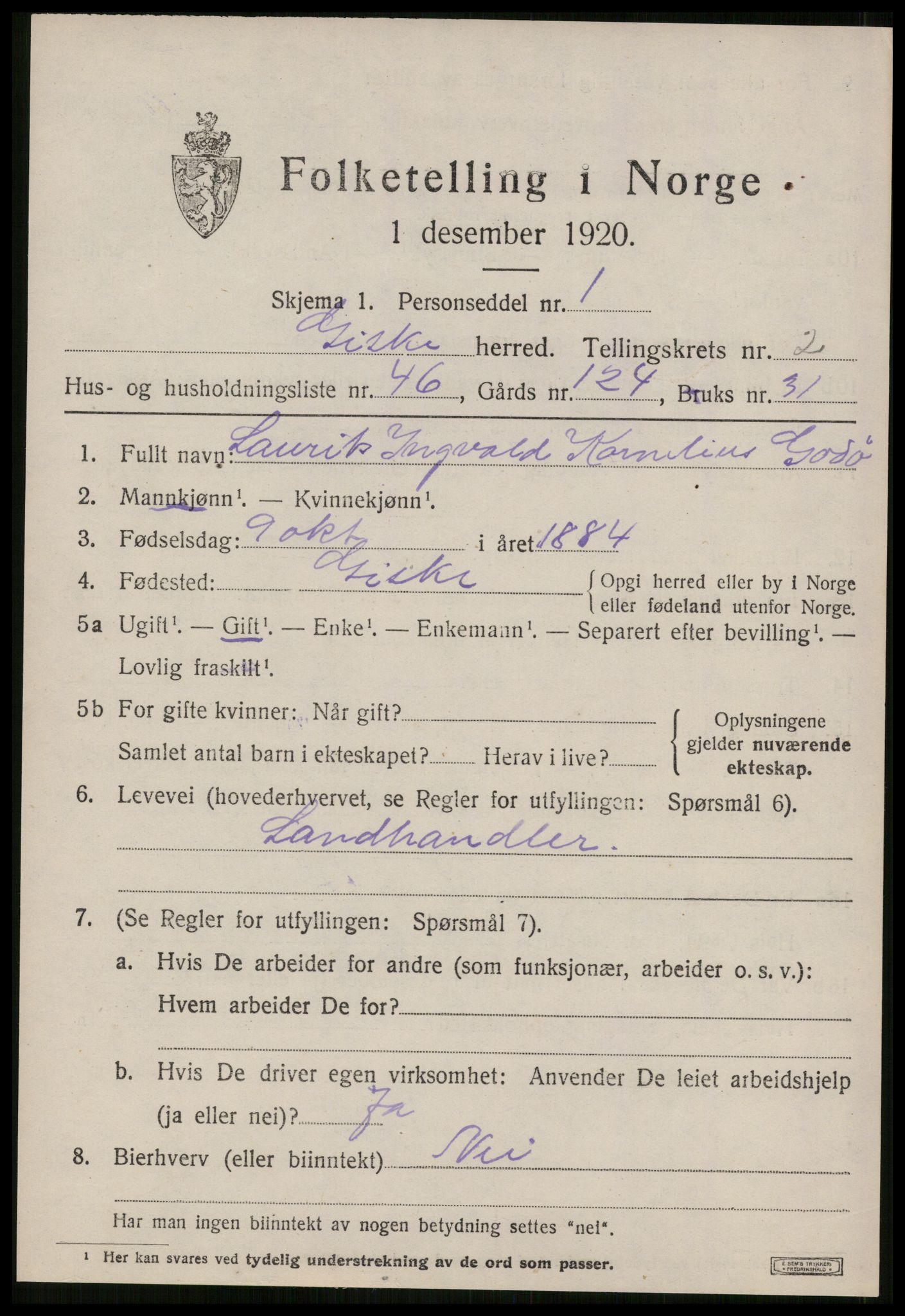 SAT, 1920 census for Giske, 1920, p. 1630