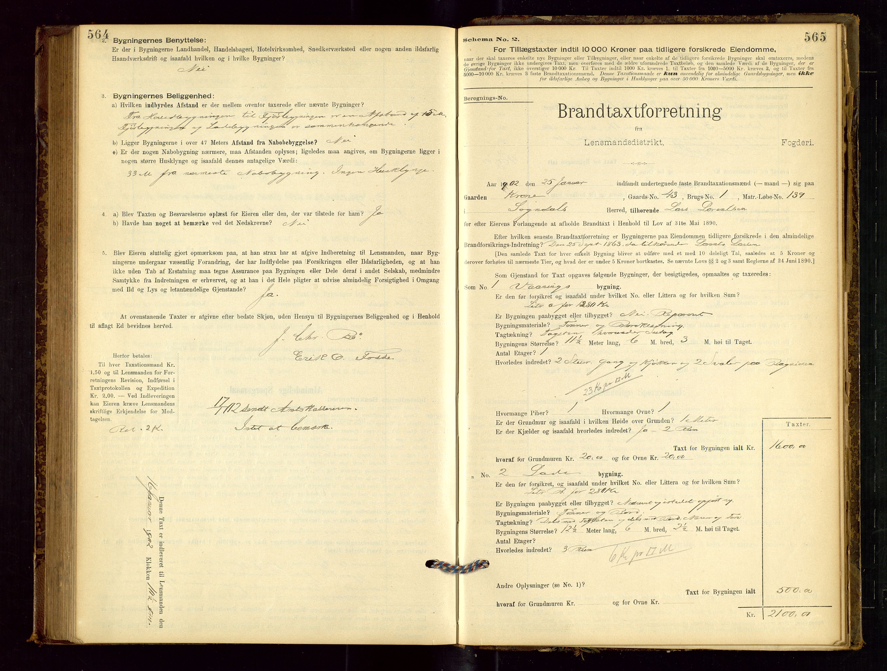 Sokndal lensmannskontor, AV/SAST-A-100417/Gob/L0001: "Brandtaxt-Protokol", 1895-1902, p. 564-565