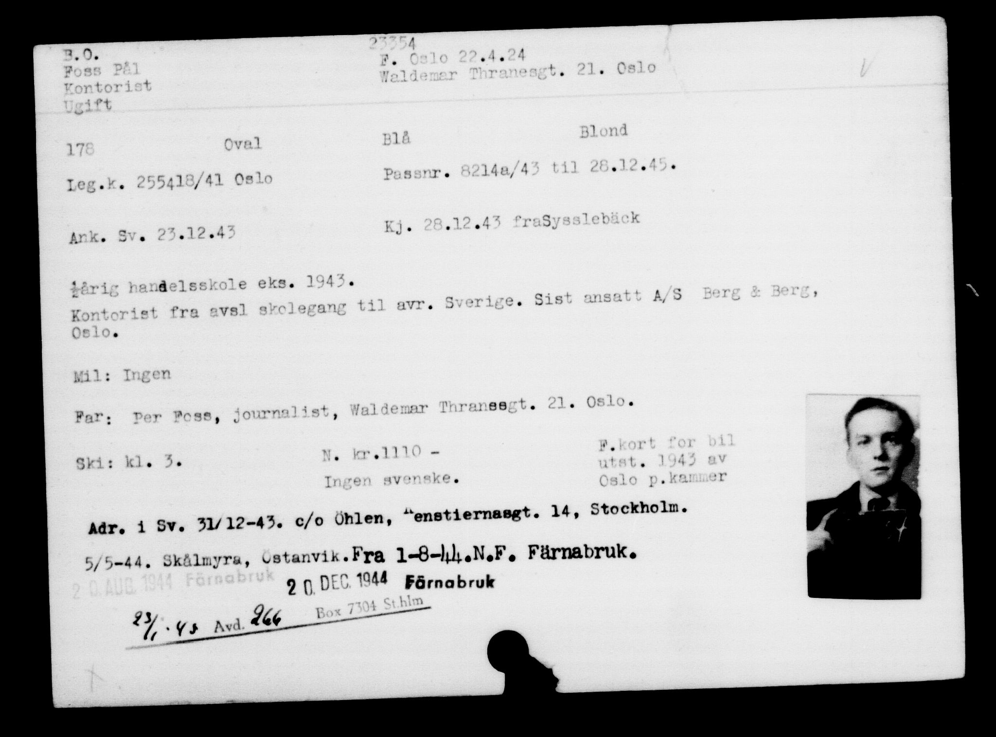 Den Kgl. Norske Legasjons Flyktningskontor, RA/S-6753/V/Va/L0010: Kjesäterkartoteket.  Flyktningenr. 22000-25314, 1940-1945, p. 1446