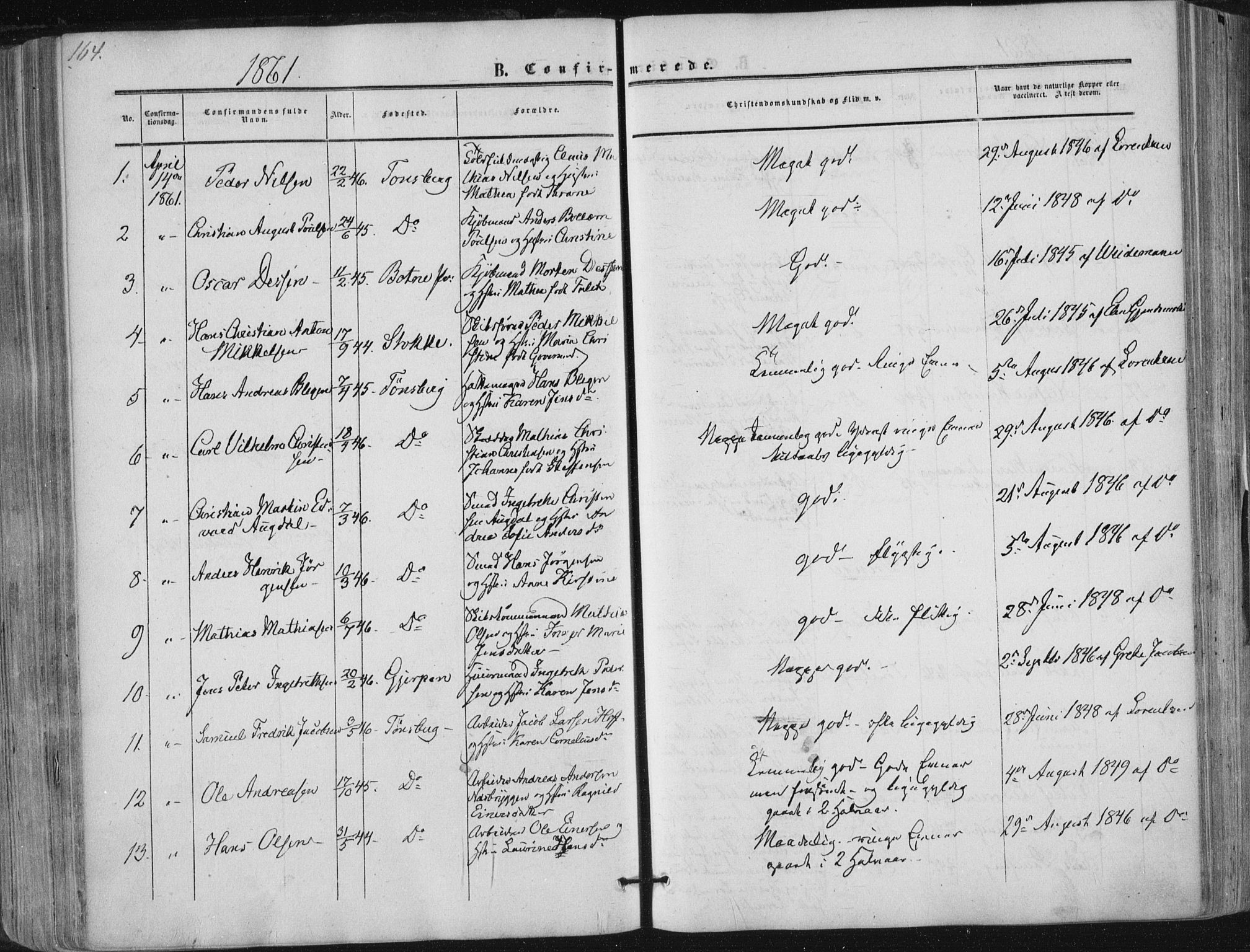 Tønsberg kirkebøker, AV/SAKO-A-330/F/Fa/L0008: Parish register (official) no. I 8, 1855-1864, p. 164