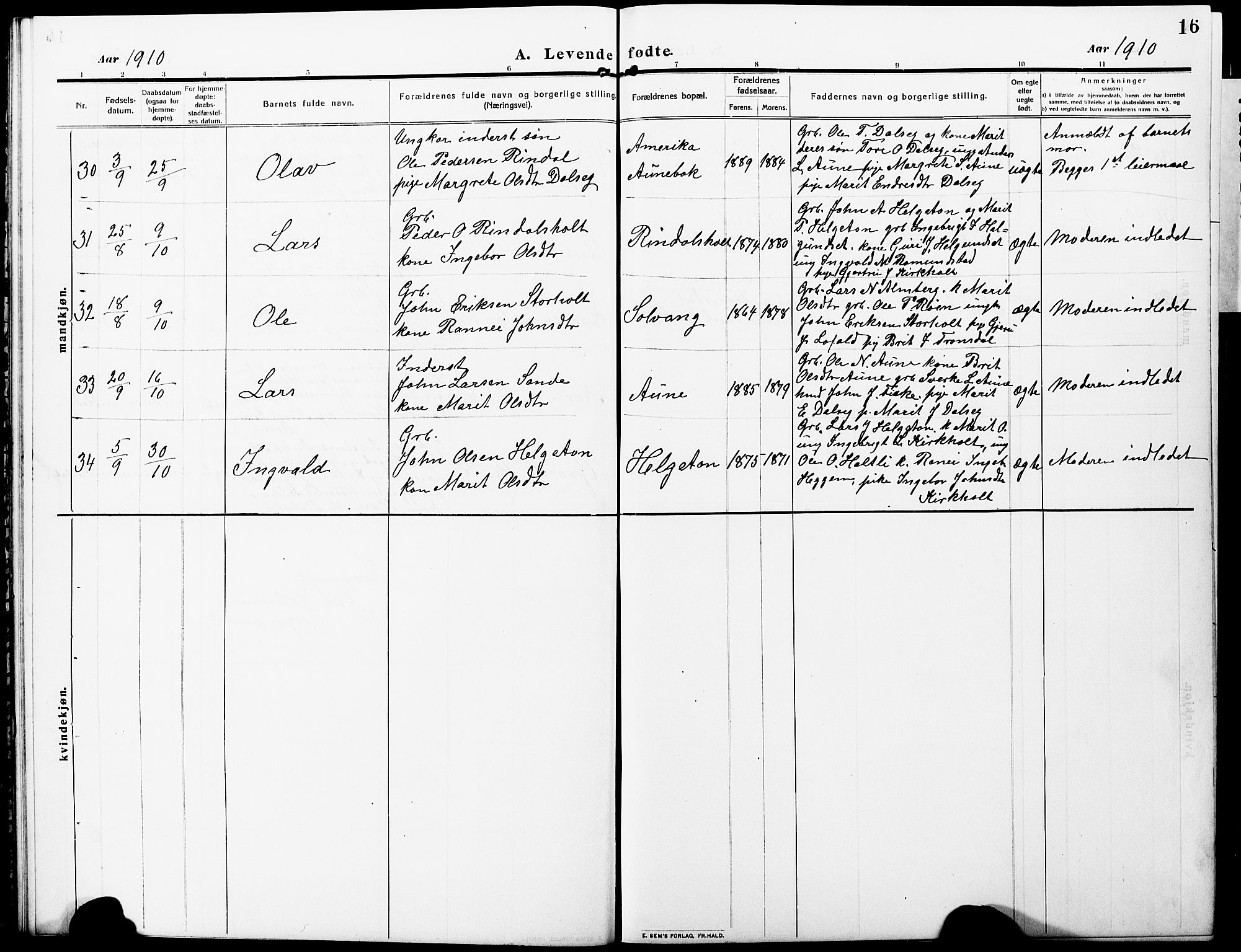 Ministerialprotokoller, klokkerbøker og fødselsregistre - Møre og Romsdal, AV/SAT-A-1454/598/L1079: Parish register (copy) no. 598C04, 1909-1927, p. 16