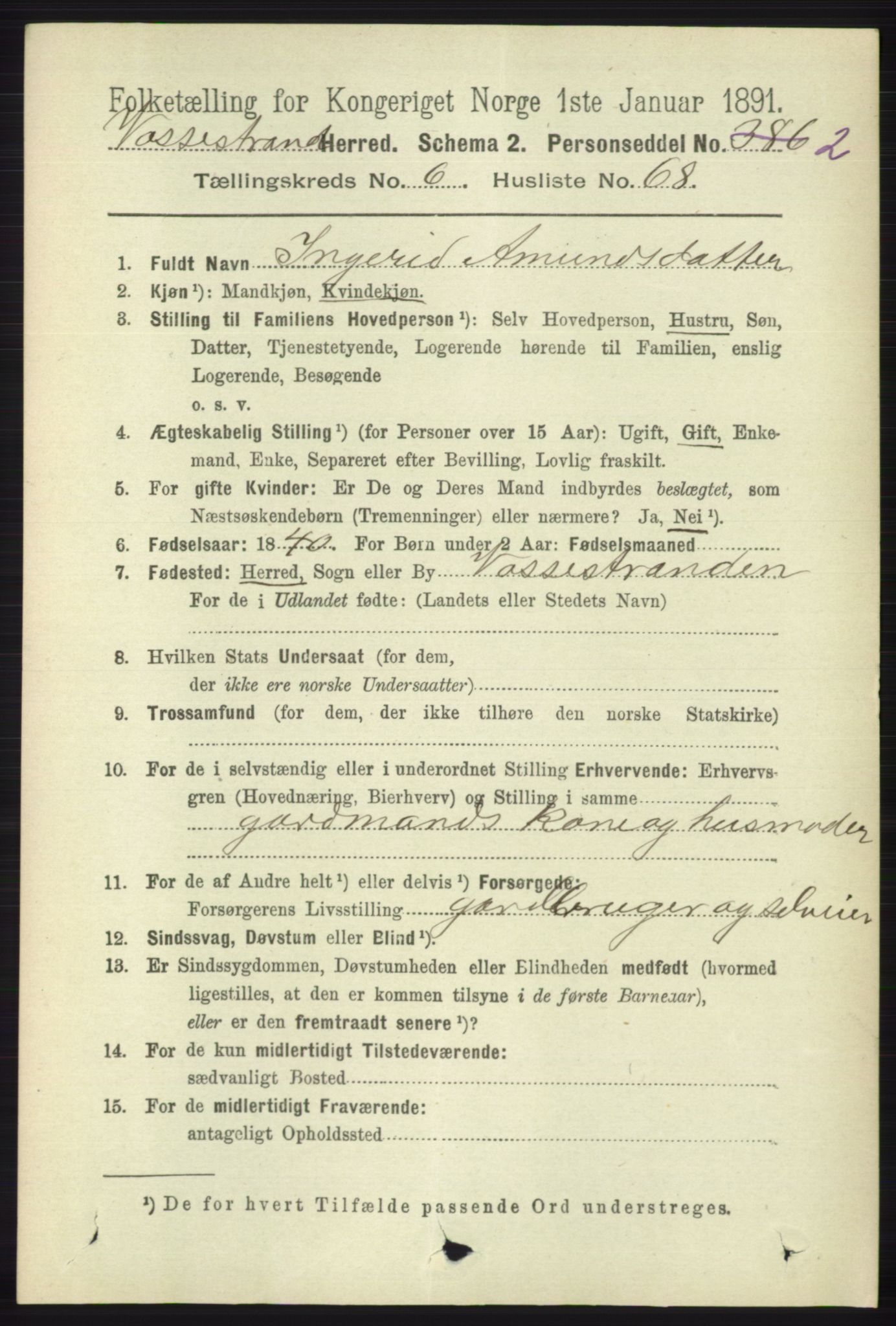 RA, 1891 census for 1236 Vossestrand, 1891, p. 2308