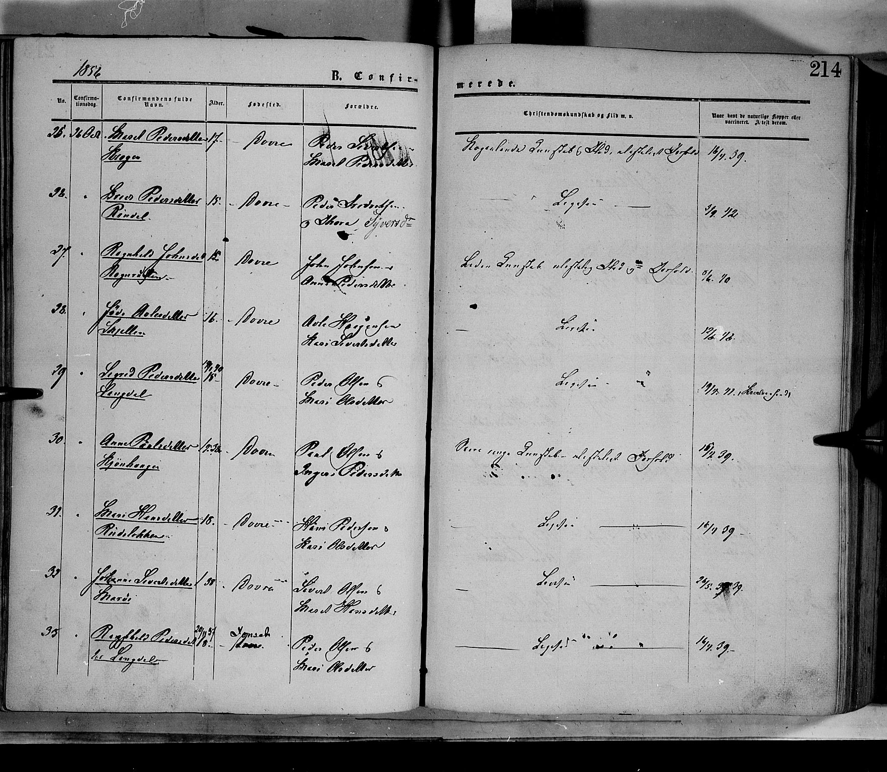 Dovre prestekontor, SAH/PREST-066/H/Ha/Haa/L0001: Parish register (official) no. 1, 1854-1878, p. 214