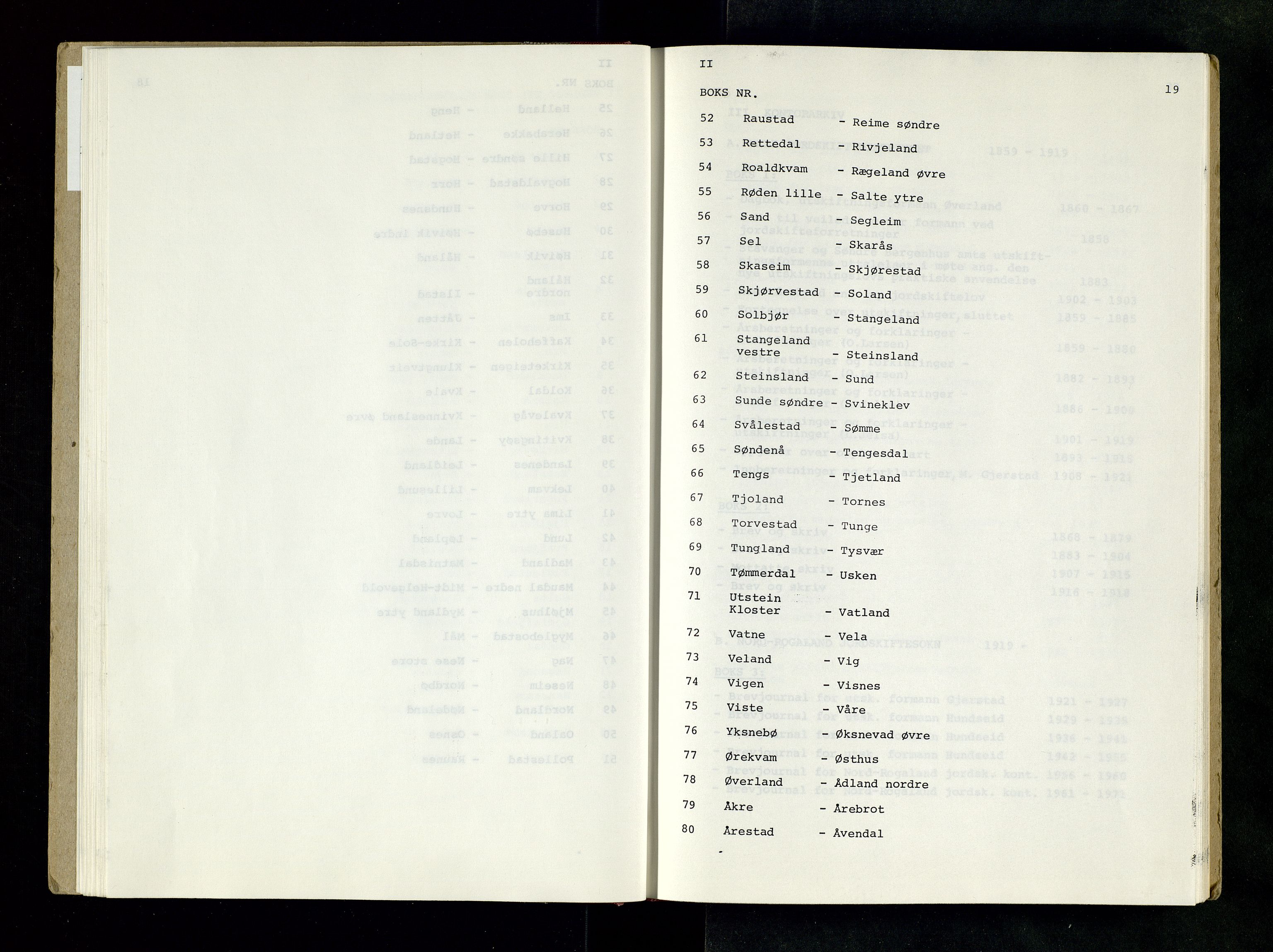 Rogaland jordskifterett, AV/SAST-A-102426/Oaa/L0001: Katalog og register, 1859-1974, p. 19