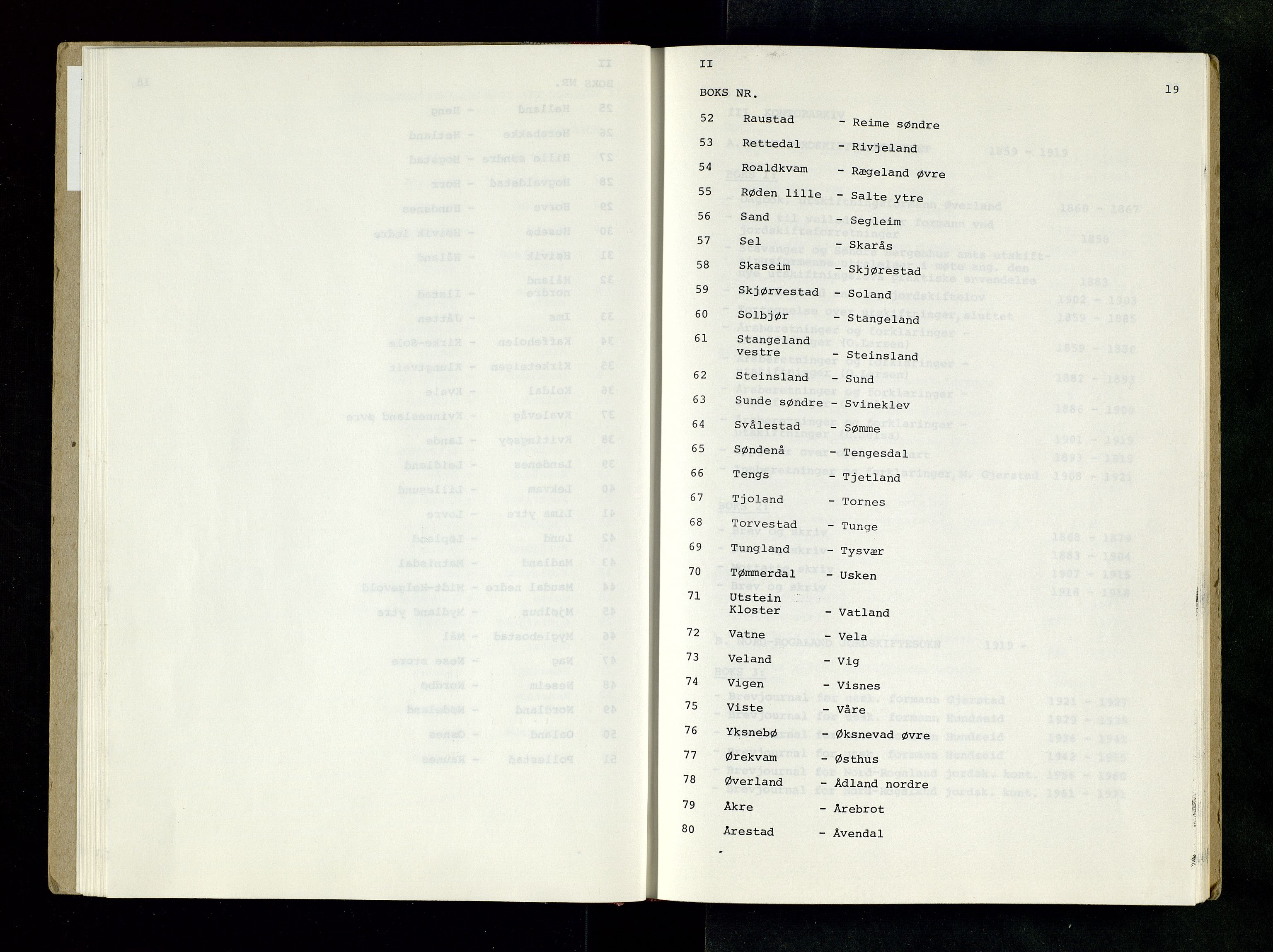 Rogaland jordskifterett, SAST/A-102426/Oaa/L0001: Katalog og register, 1859-1974, p. 19