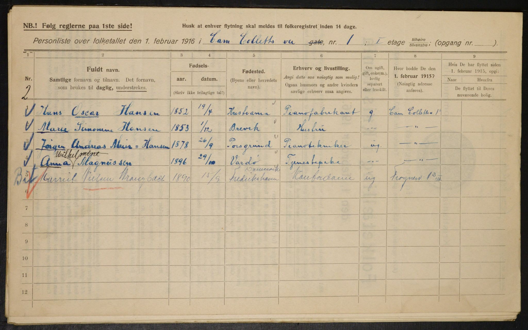 OBA, Municipal Census 1916 for Kristiania, 1916, p. 11620