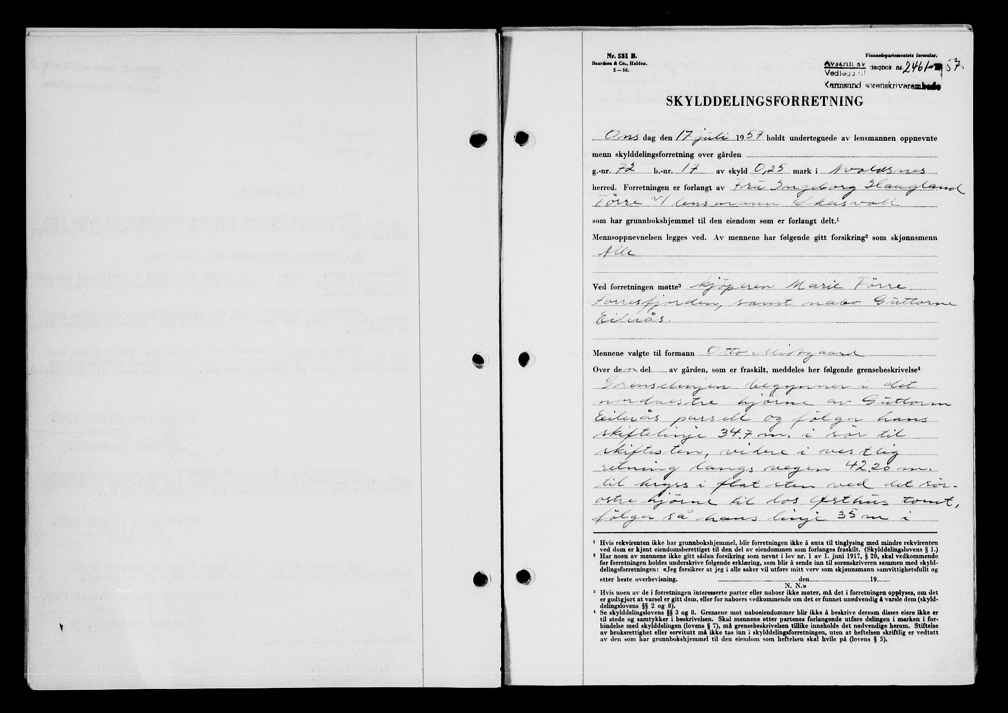 Karmsund sorenskriveri, AV/SAST-A-100311/01/II/IIB/L0125: Mortgage book no. 105A, 1957-1957, Diary no: : 2461/1957