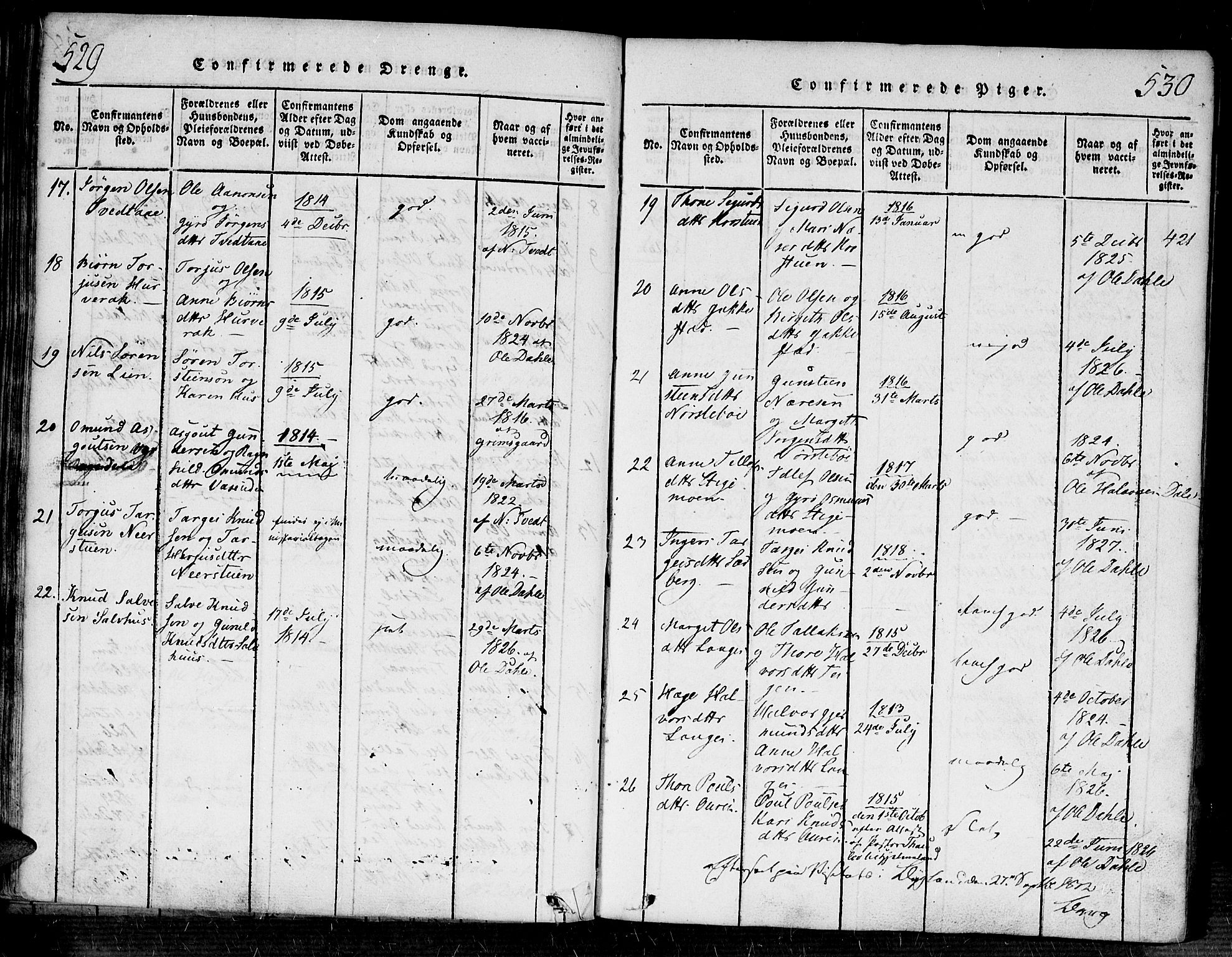 Bygland sokneprestkontor, AV/SAK-1111-0006/F/Fa/Fab/L0003: Parish register (official) no. A 3, 1816-1841, p. 529-530