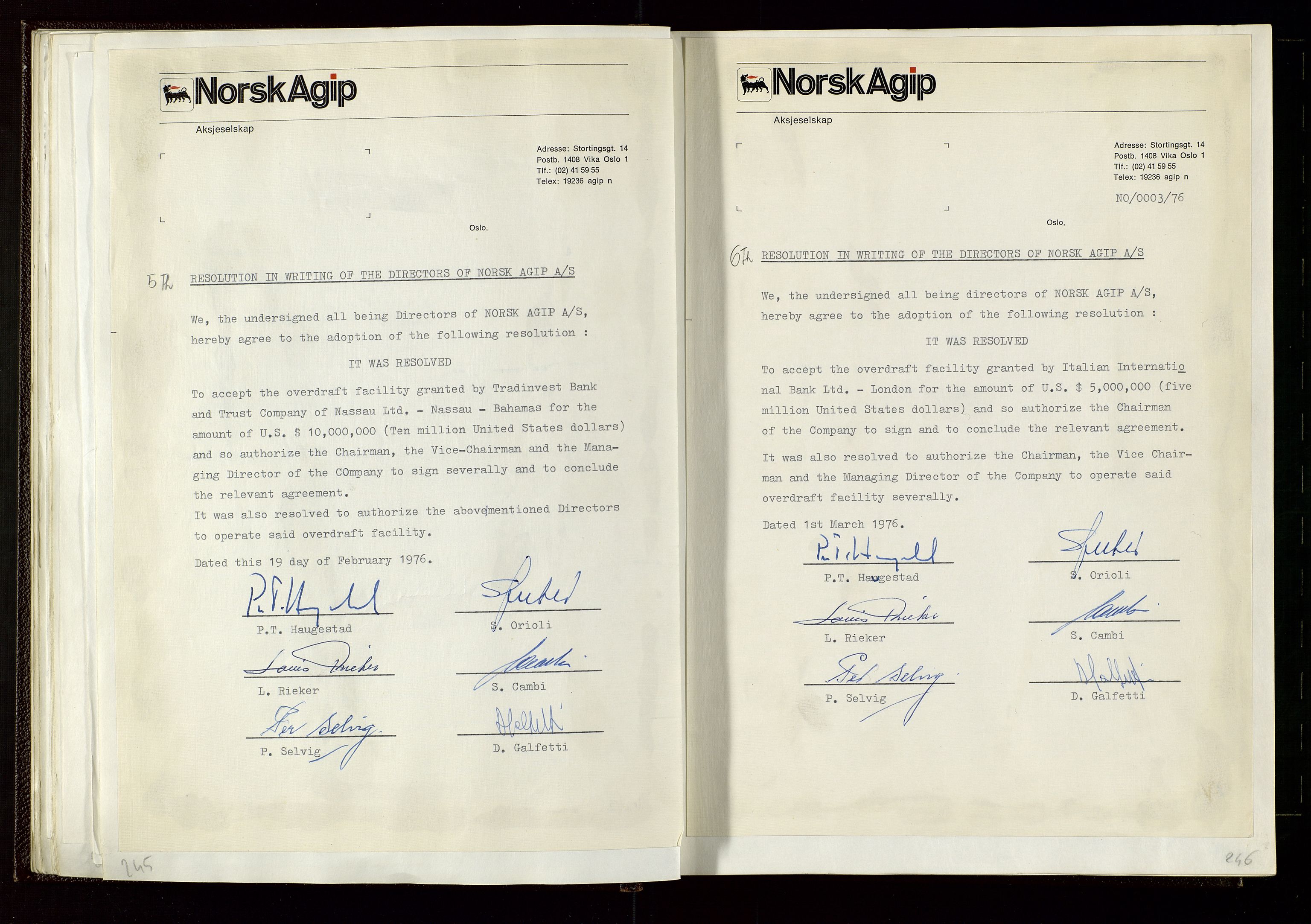 Pa 1583 - Norsk Agip AS, AV/SAST-A-102138/A/Aa/L0002: General assembly and Board of Directors meeting minutes, 1972-1979, p. 245-246