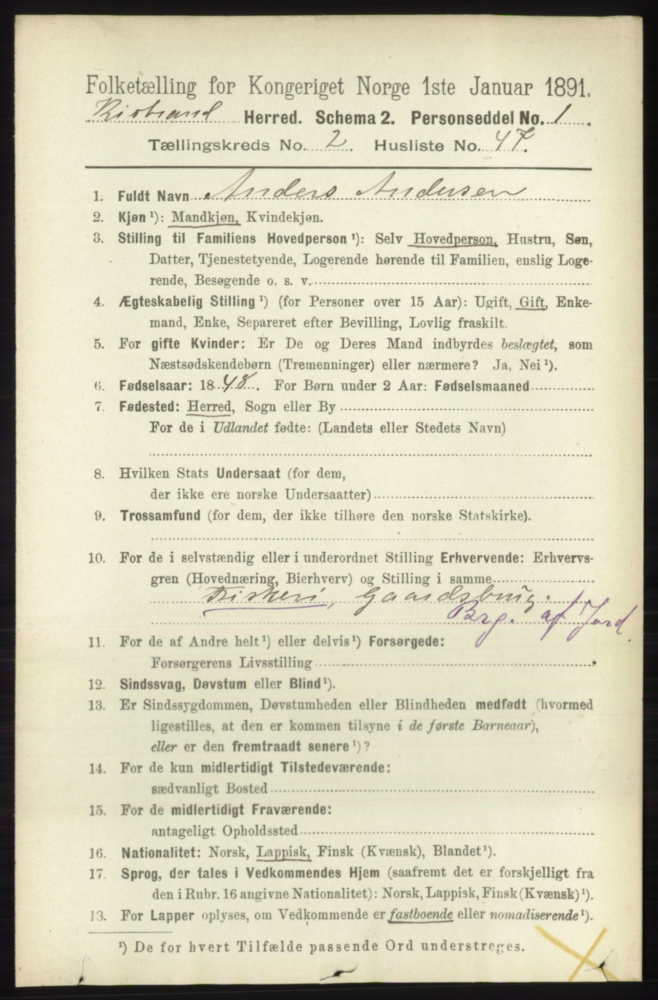 RA, 1891 census for 2020 Kistrand, 1891, p. 852