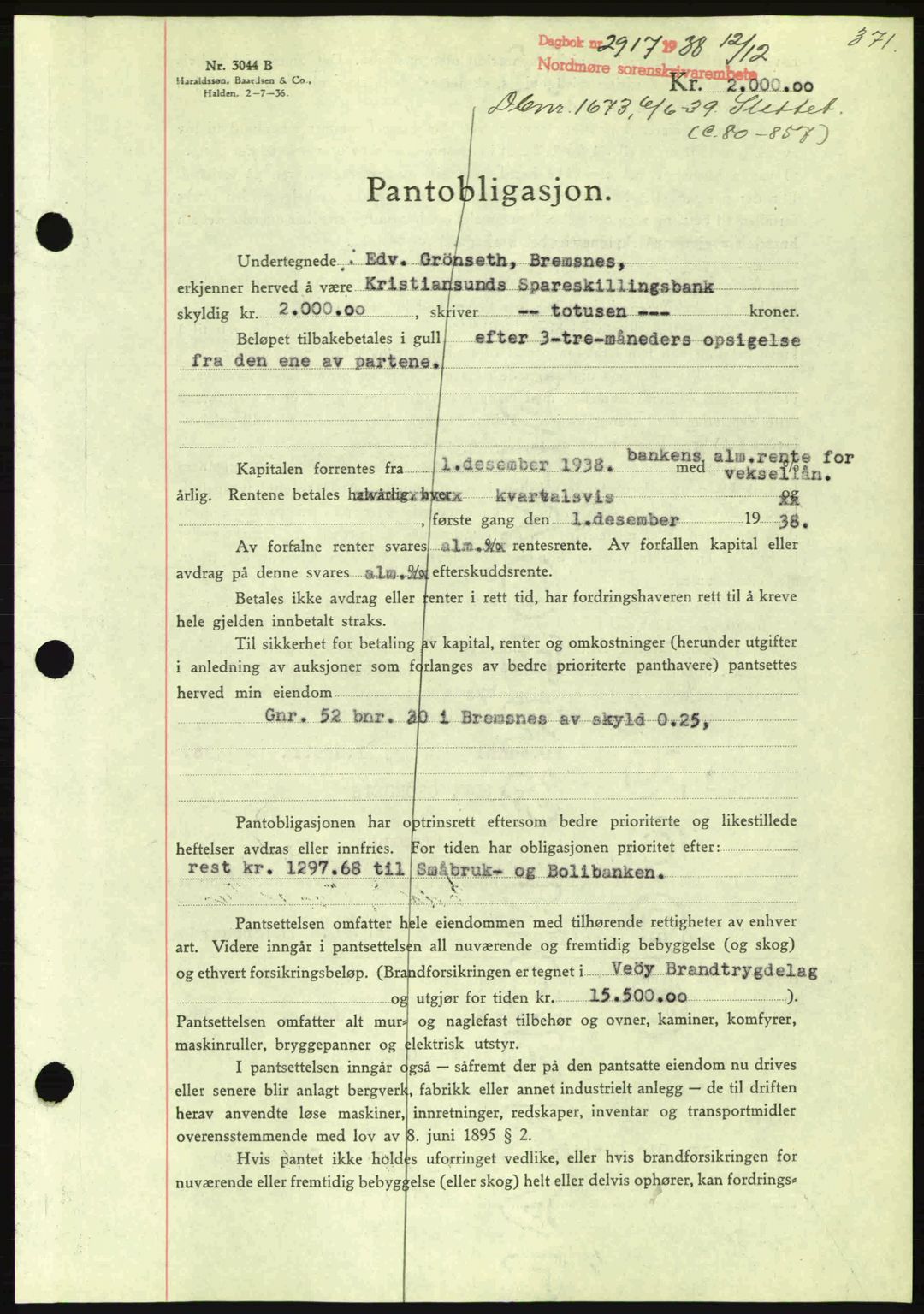 Nordmøre sorenskriveri, AV/SAT-A-4132/1/2/2Ca: Mortgage book no. B84, 1938-1939, Diary no: : 2917/1938