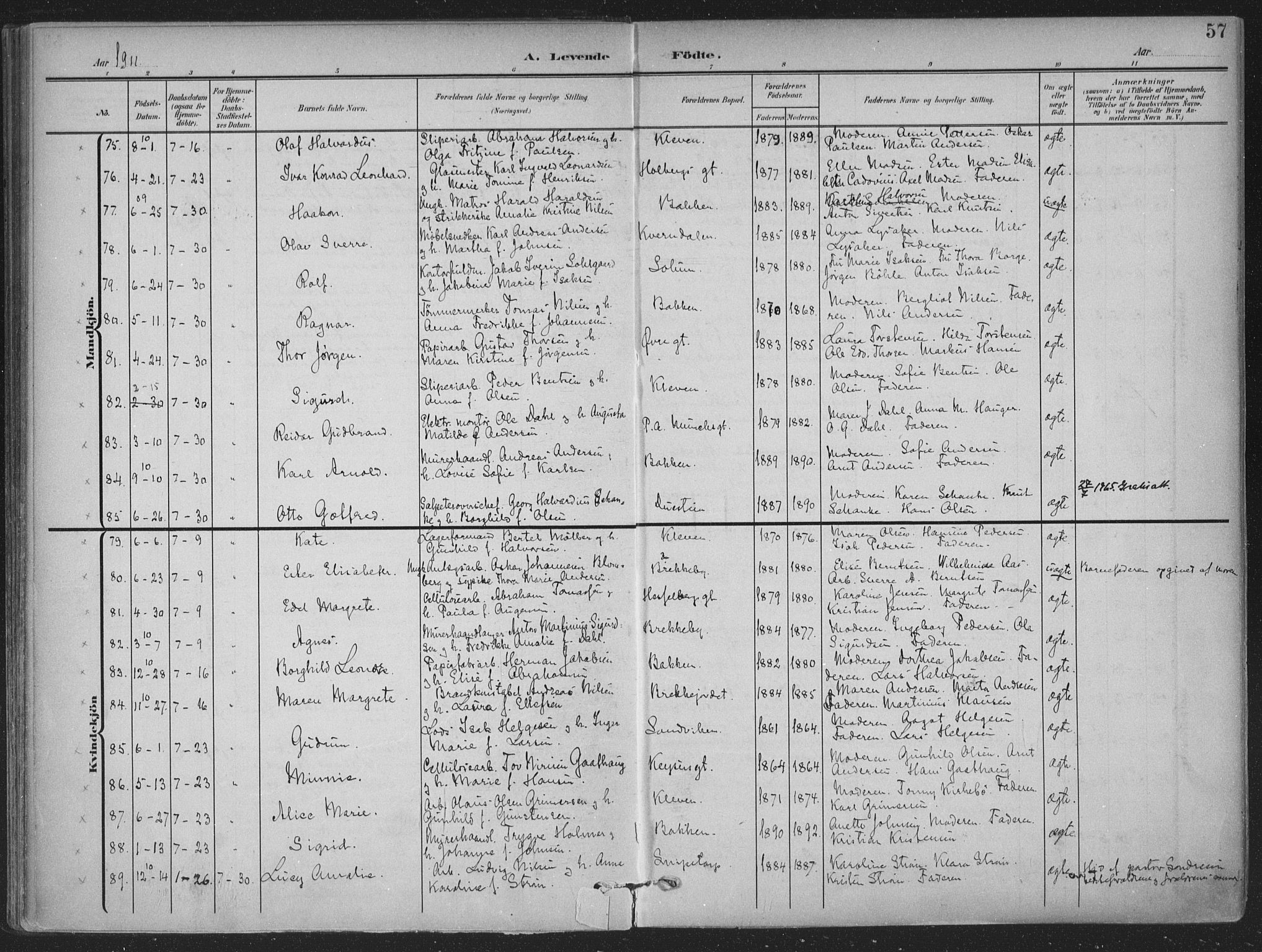 Skien kirkebøker, AV/SAKO-A-302/F/Fa/L0012: Parish register (official) no. 12, 1908-1914, p. 57