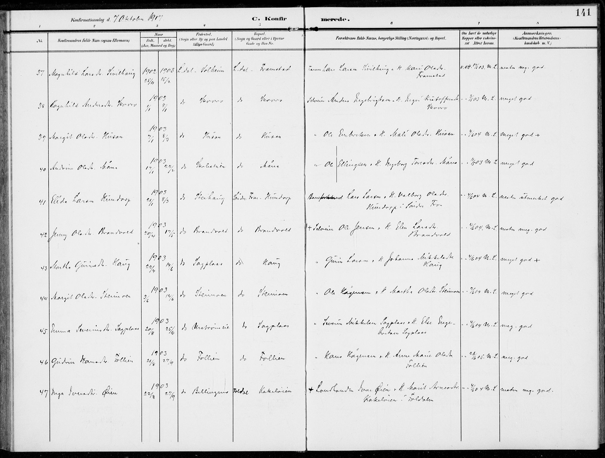 Alvdal prestekontor, SAH/PREST-060/H/Ha/Haa/L0004: Parish register (official) no. 4, 1907-1919, p. 141