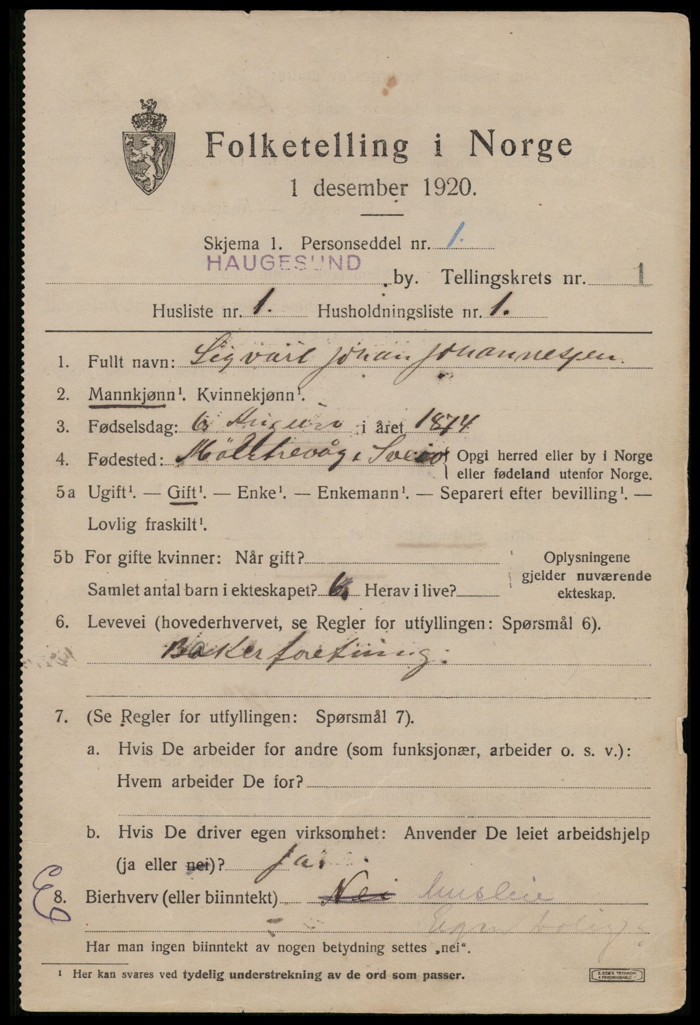 SAST, 1920 census for Haugesund, 1920, p. 11499