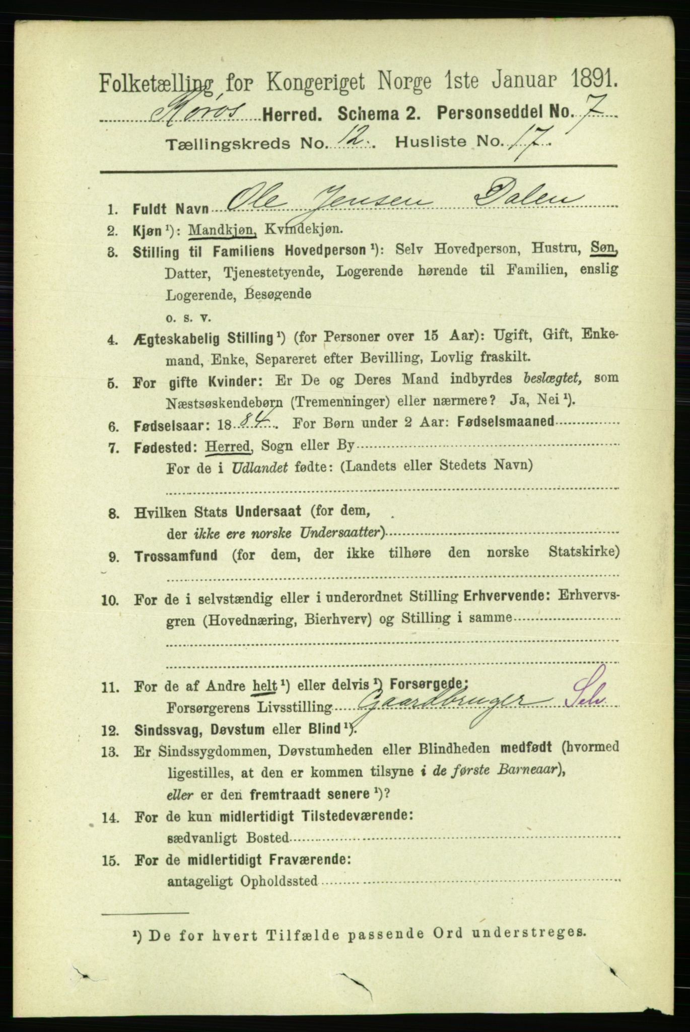 RA, 1891 census for 1640 Røros, 1891, p. 2497