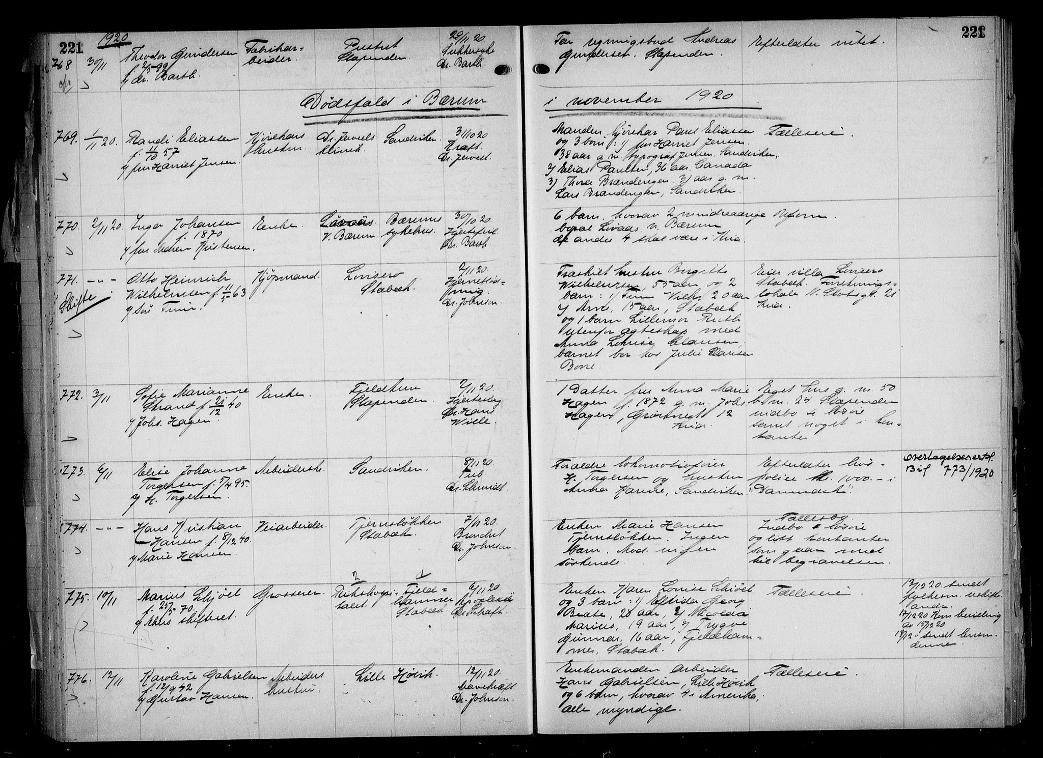 Aker kriminaldommer, skifte- og auksjonsforvalterembete, AV/SAO-A-10452/H/Hb/Hba/Hbaa/L0005: Dødsfallsprotokoll, 1918-1922, p. 221