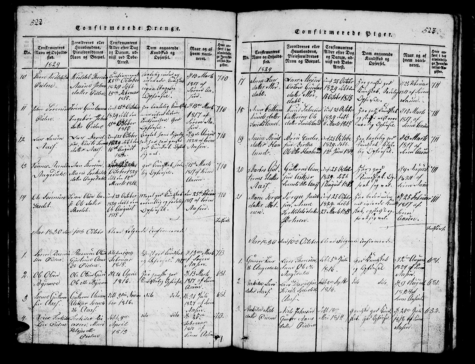 Bjelland sokneprestkontor, SAK/1111-0005/F/Fb/Fbc/L0001: Parish register (copy) no. B 1, 1815-1870, p. 522-523