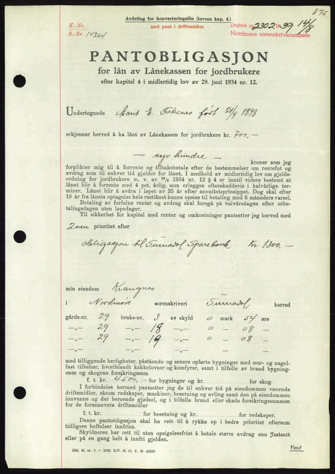 Nordmøre sorenskriveri, AV/SAT-A-4132/1/2/2Ca: Mortgage book no. B85, 1939-1939, Diary no: : 2302/1939