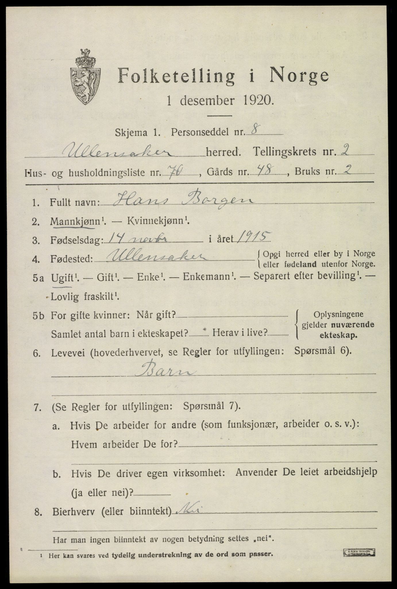 SAO, 1920 census for Ullensaker, 1920, p. 5517