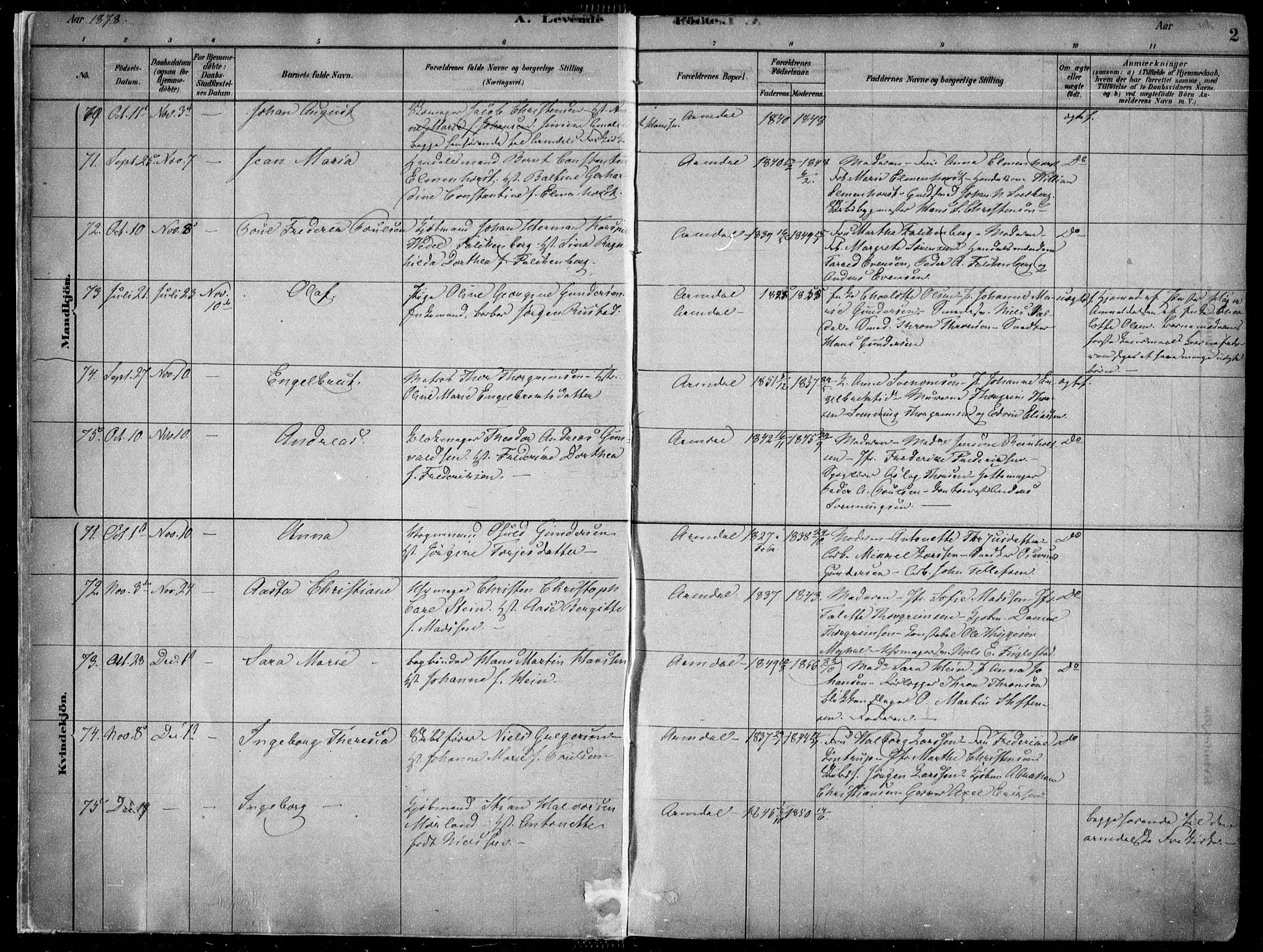 Arendal sokneprestkontor, Trefoldighet, AV/SAK-1111-0040/F/Fa/L0008: Parish register (official) no. A 8, 1878-1899, p. 2