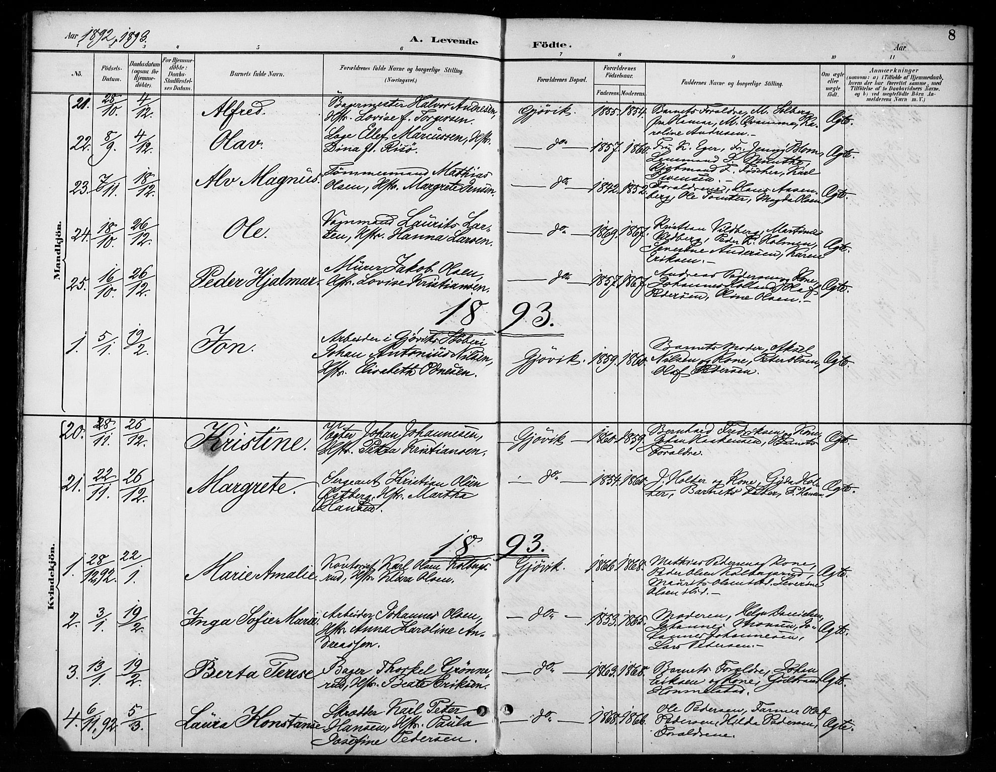 Vardal prestekontor, SAH/PREST-100/H/Ha/Haa/L0011: Parish register (official) no. 11, 1891-1901, p. 8