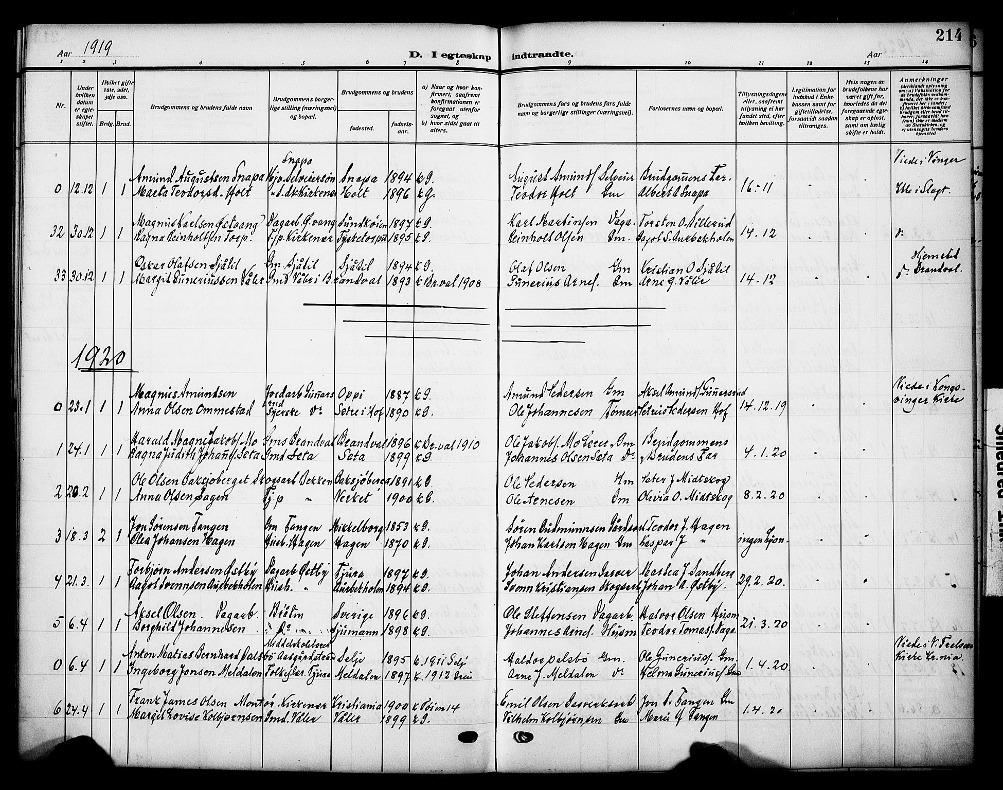 Grue prestekontor, SAH/PREST-036/H/Ha/Haa/L0015: Parish register (official) no. 15, 1911-1922, p. 214