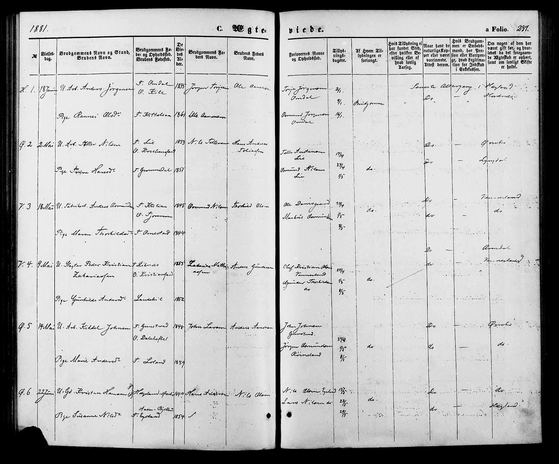 Vennesla sokneprestkontor, SAK/1111-0045/Fa/Fac/L0008: Parish register (official) no. A 8, 1874-1883, p. 237